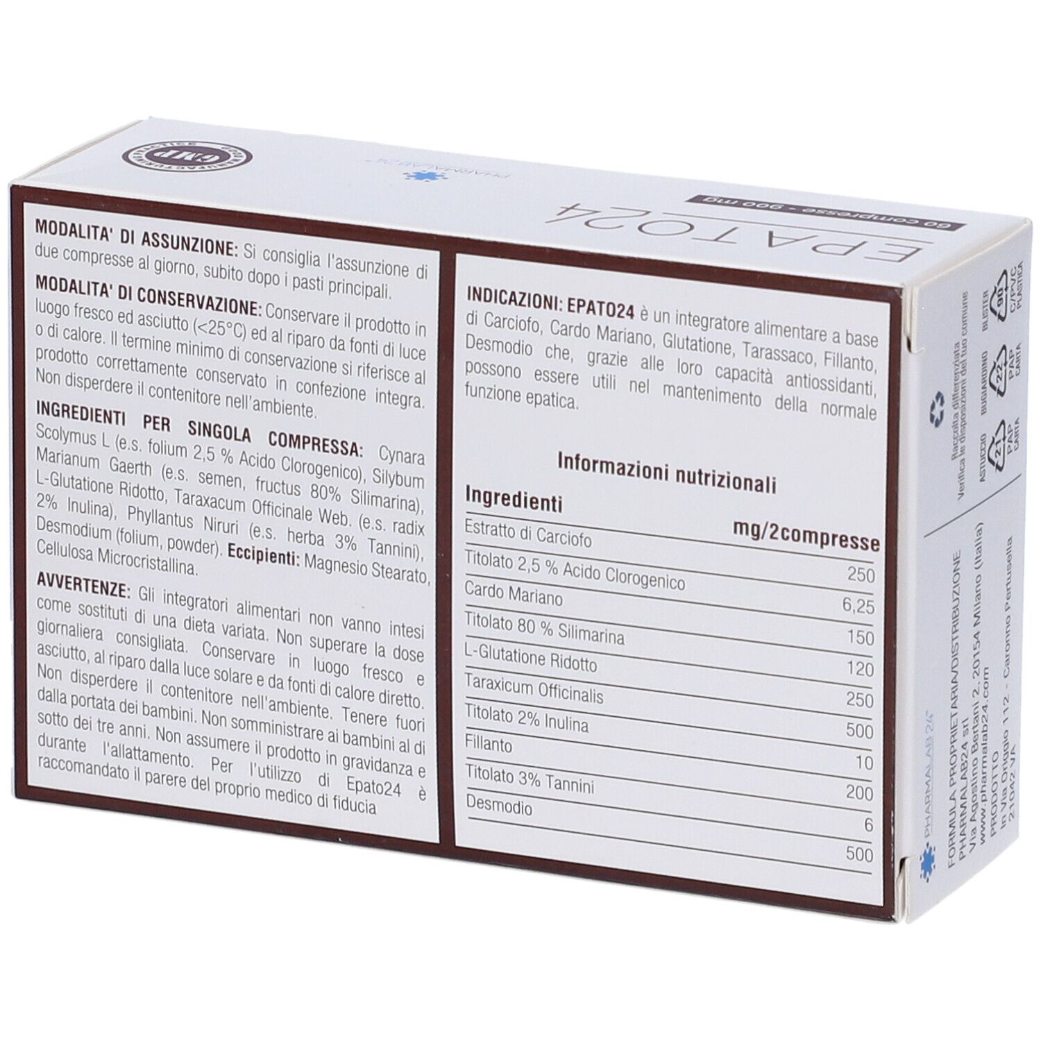 Scatola aperta con testo e ingredienti. Scritta EPATO24. Certificazione GMP. Ingredienti e informazioni nutrizionali.