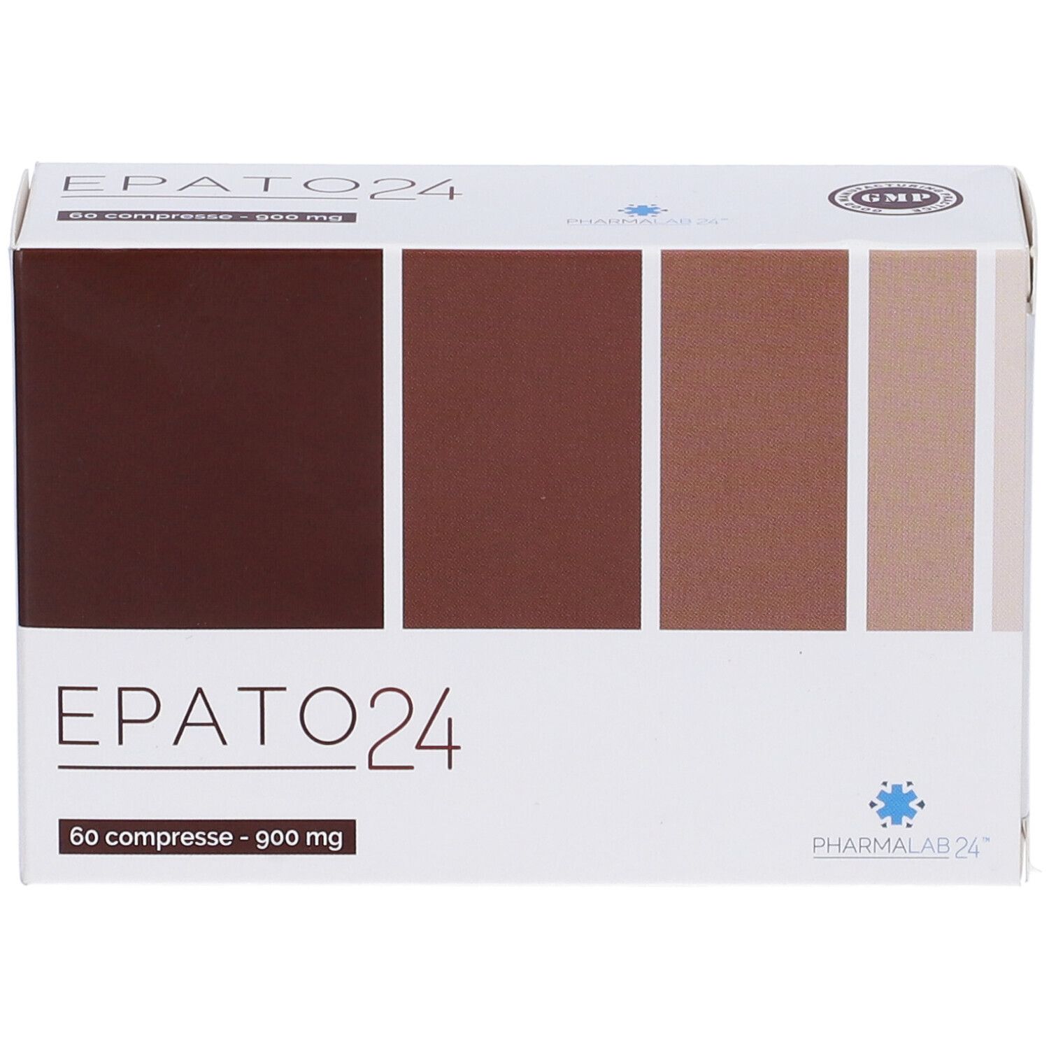 Scatola rettangolare con sfumatura di colore. Scritta EPATO24, 60 compresse - 900 mg. Logo Pharmalab 24.