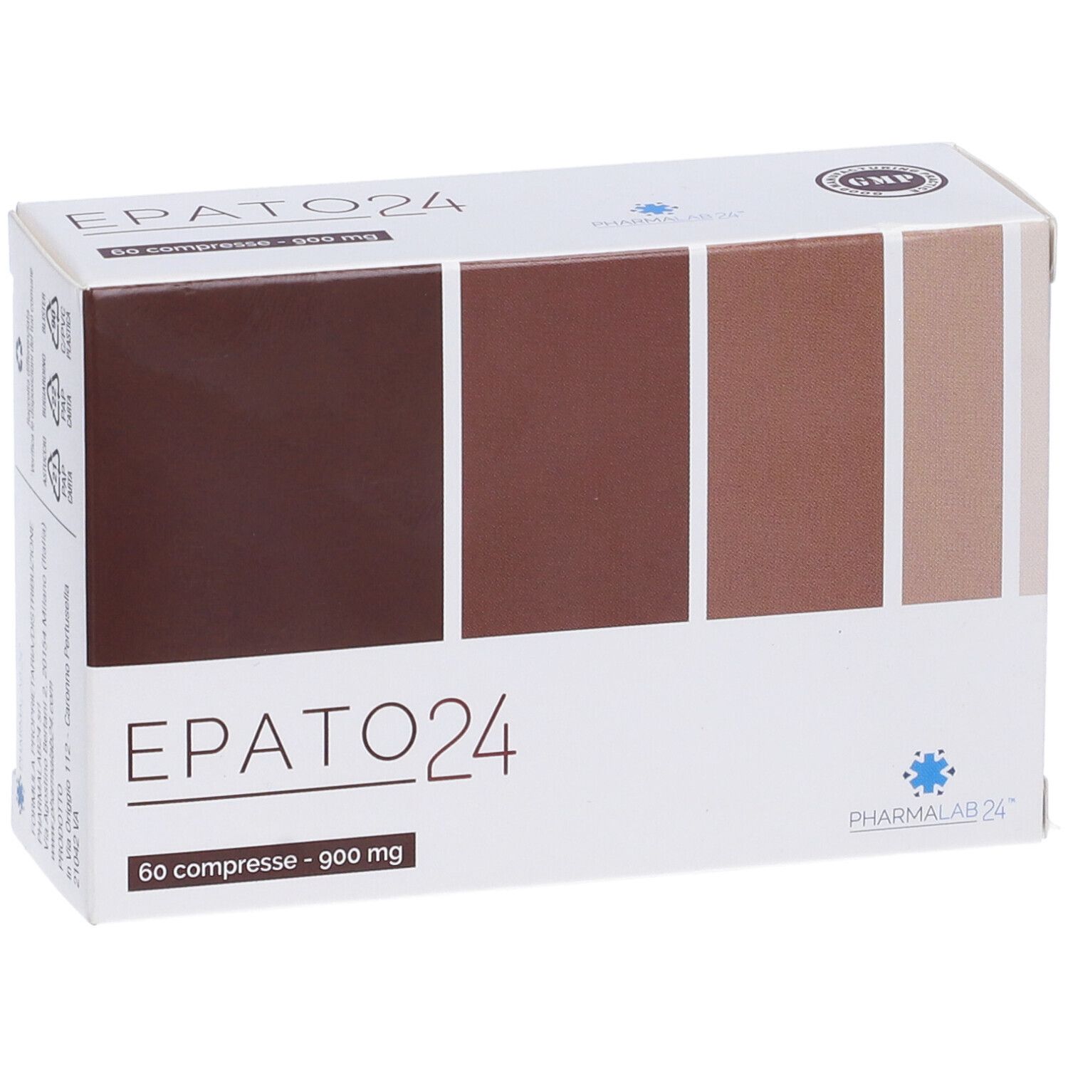 Scatola rettangolare con sfumatura di colore. Scritta EPATO24, 60 compresse - 900 mg. Logo Pharmalab 24.