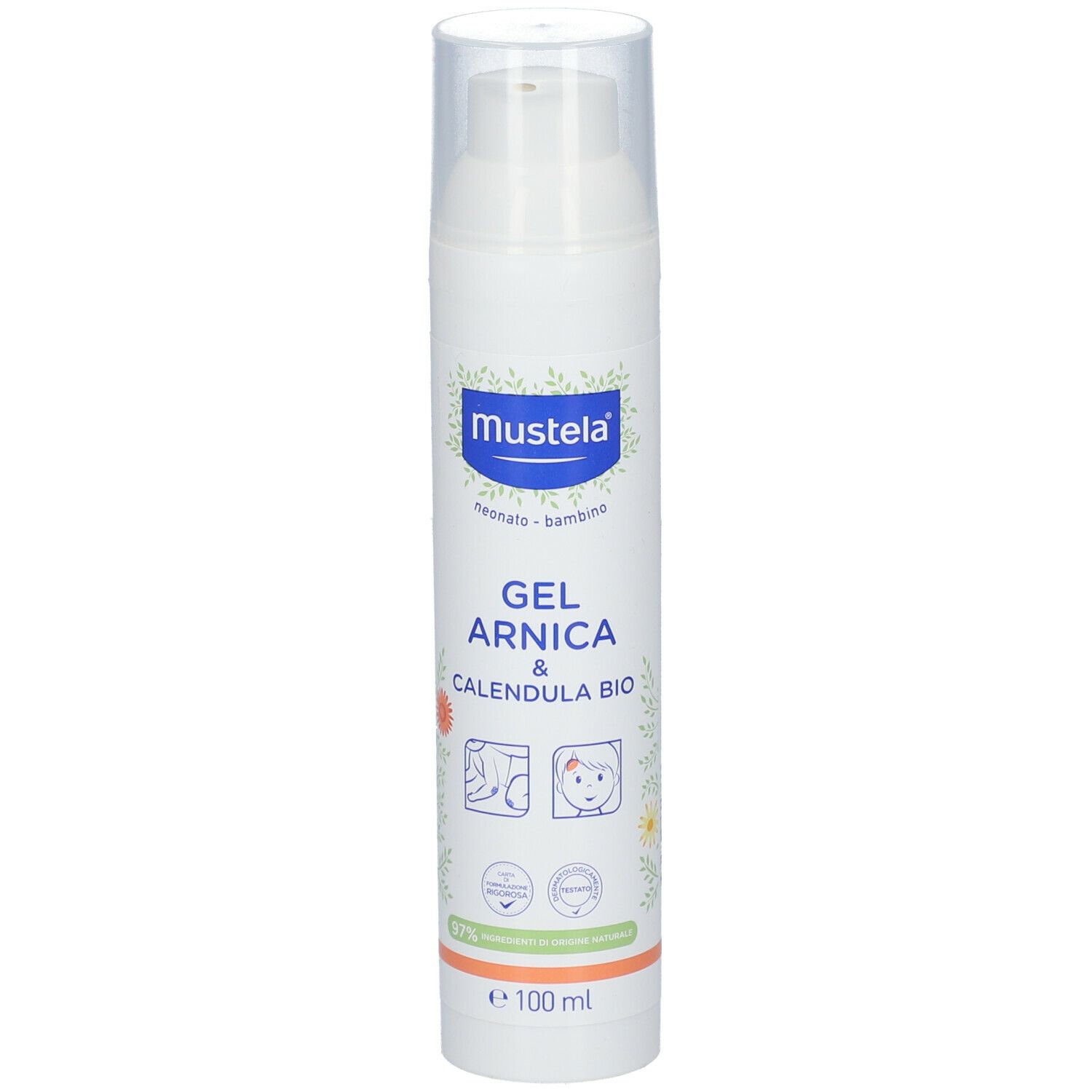 Flacone bianco con dosatore. Scritta: Mustela, Gel Arnica & Calendula Bio. Illustrazioni: braccio, testa. 100ml.