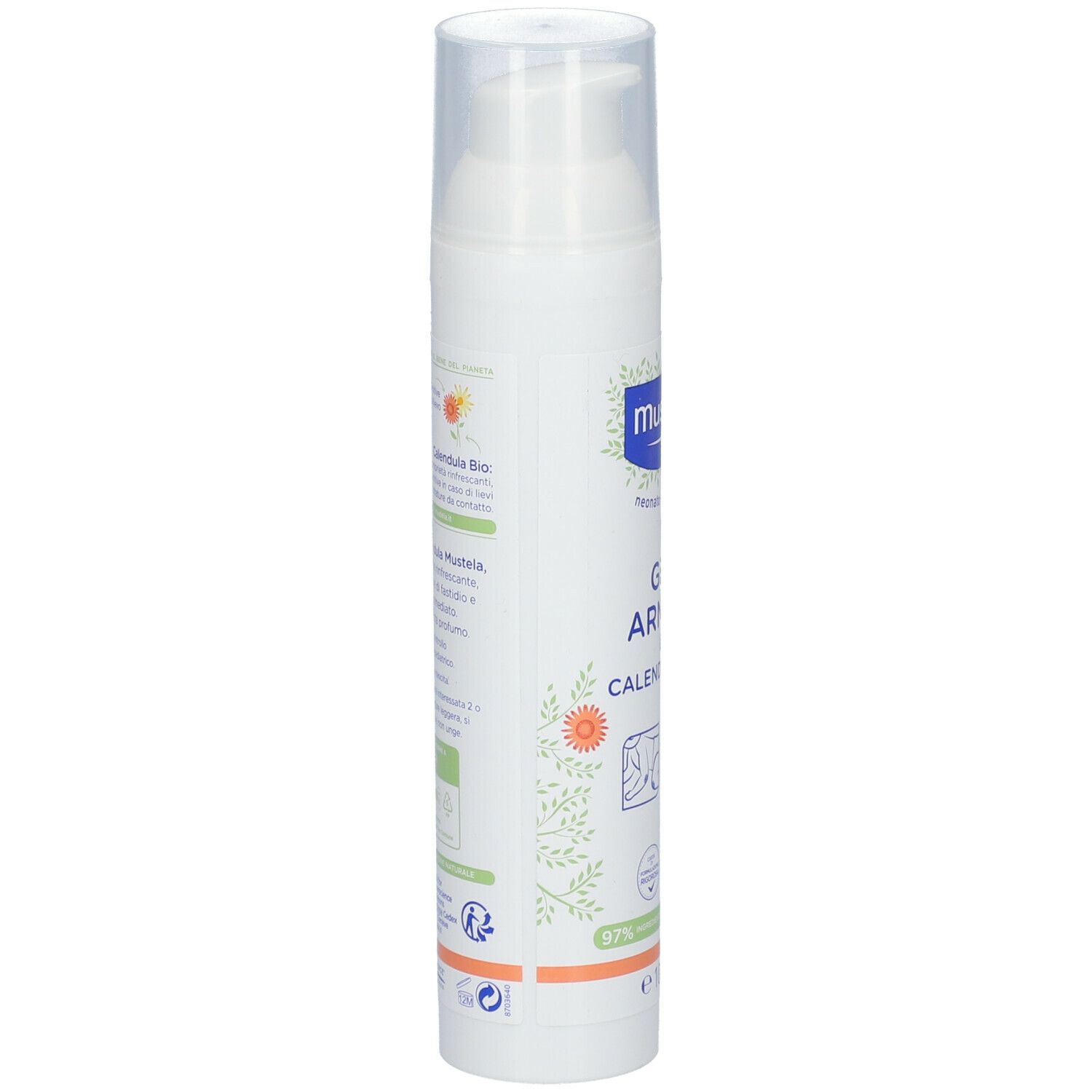 Flacone bianco con dosatore. Scritta: Mustela, Gel Arnica & Calendula Bio. Illustrazioni: braccio, testa. 100ml.