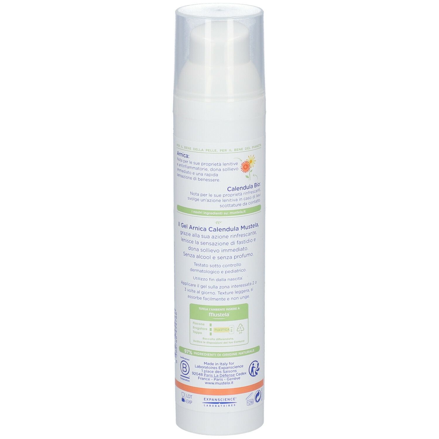 Flacone bianco con dosatore. Scritta: Mustela, Gel Arnica & Calendula Bio. Retro con testo e loghi.