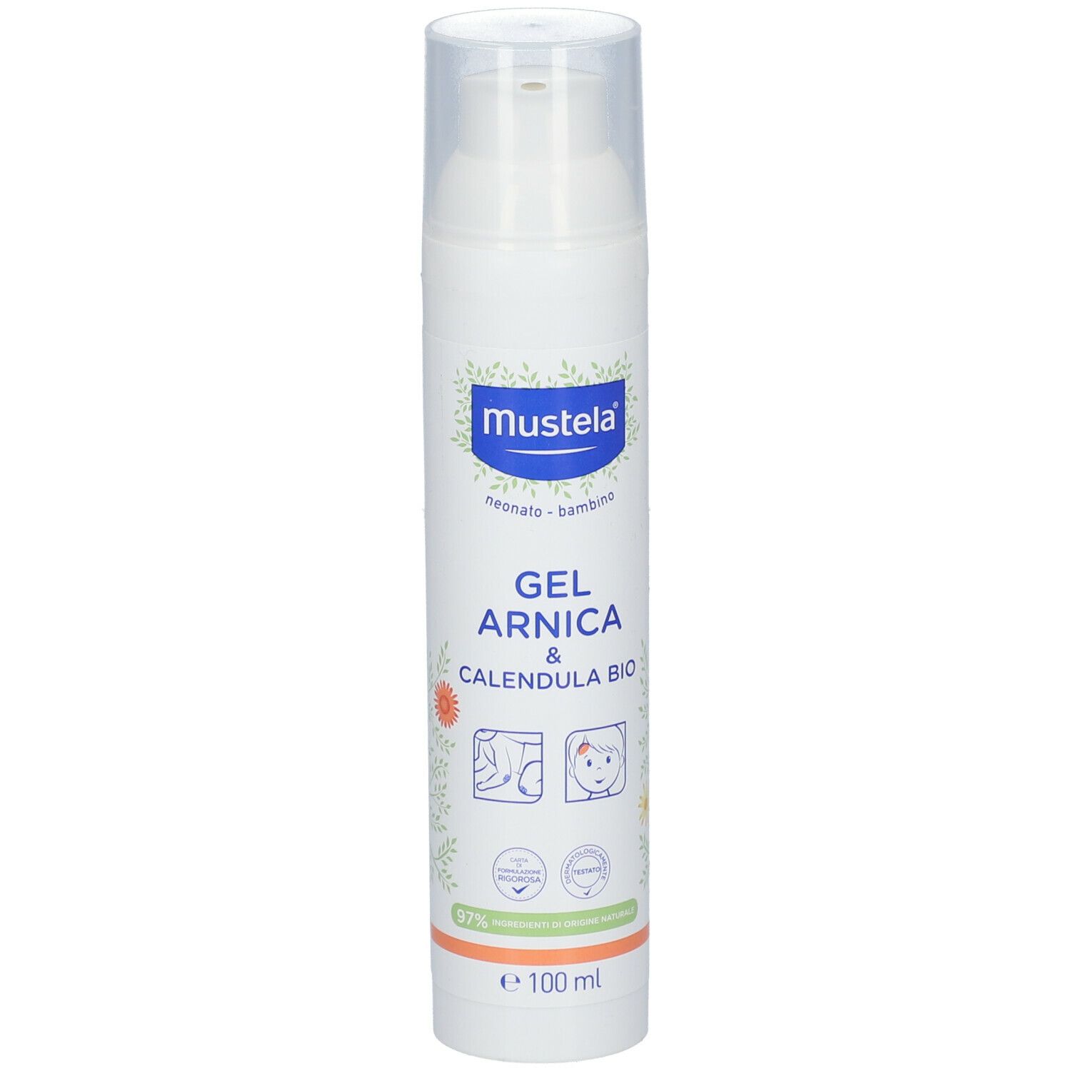 Flacone bianco con dosatore. Scritta: Mustela, Gel Arnica & Calendula Bio. Illustrazioni: braccio, testa. 100ml.