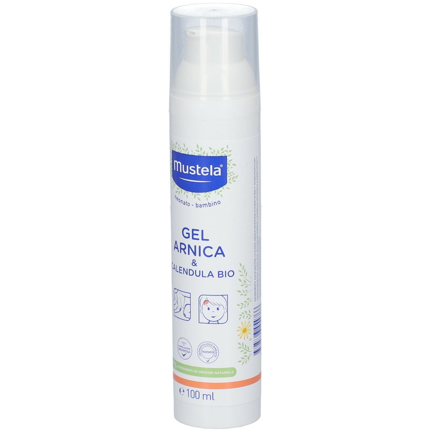 Flacone bianco con dosatore. Scritta: Mustela, Gel Arnica & Calendula Bio. Illustrazioni: braccio, testa. 100ml.