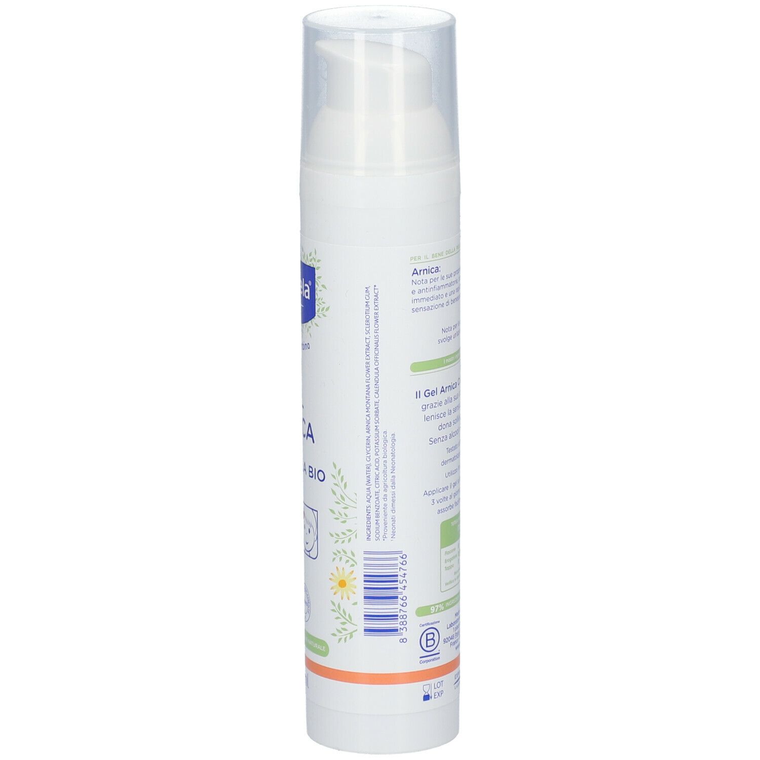 Flacone bianco con dosatore. Scritta: Mustela, Gel Arnica & Calendula Bio. Retro con testo e loghi.