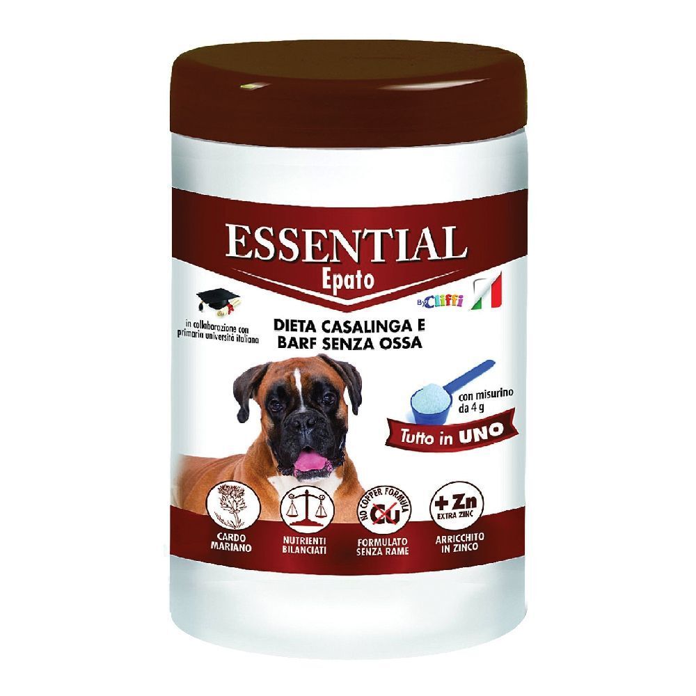 Prodotto bianco con coperchio marrone. Scritta ESSENTIAL Epato, immagine di un cane. Testo: DIETA CASALINGA E BARF SENZA OSSA.
