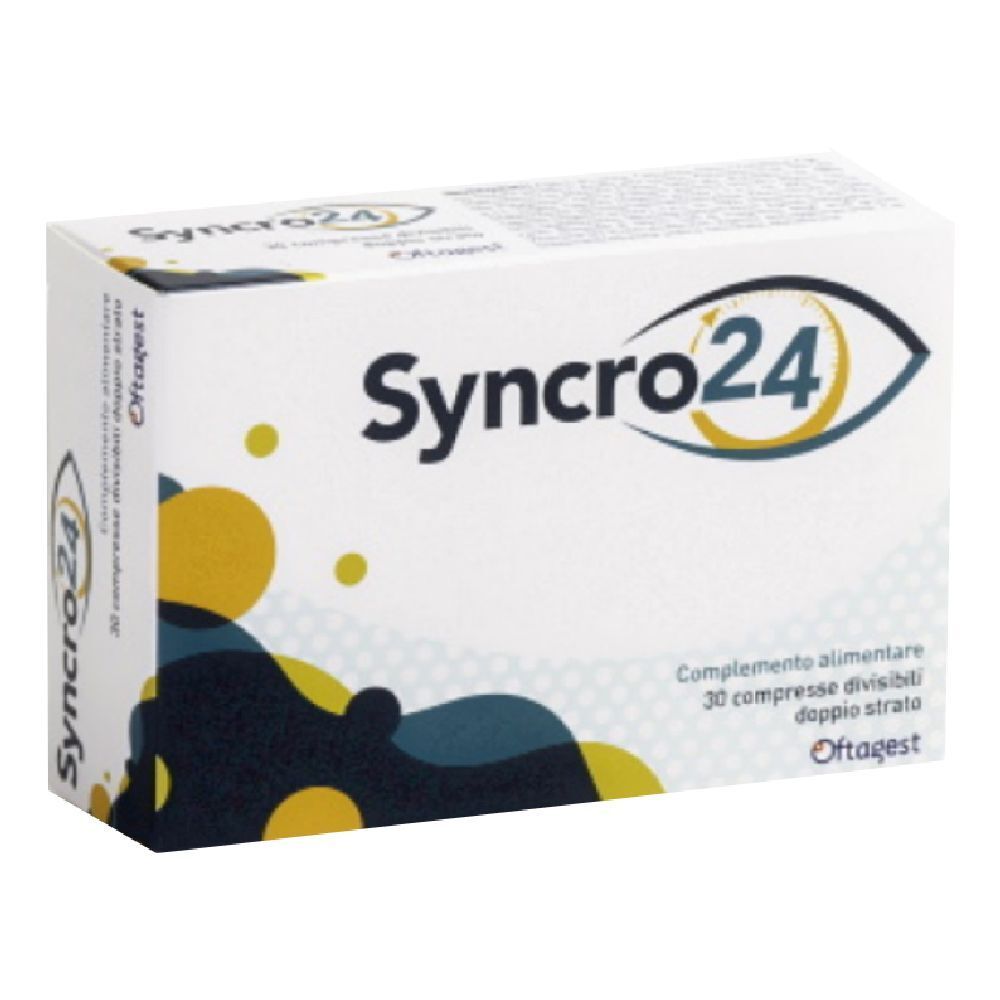 Scatola bianca con logo "Syncro24" e informazioni sul prodotto. Scritto: "30 Compresse Divisibili Bistrato".