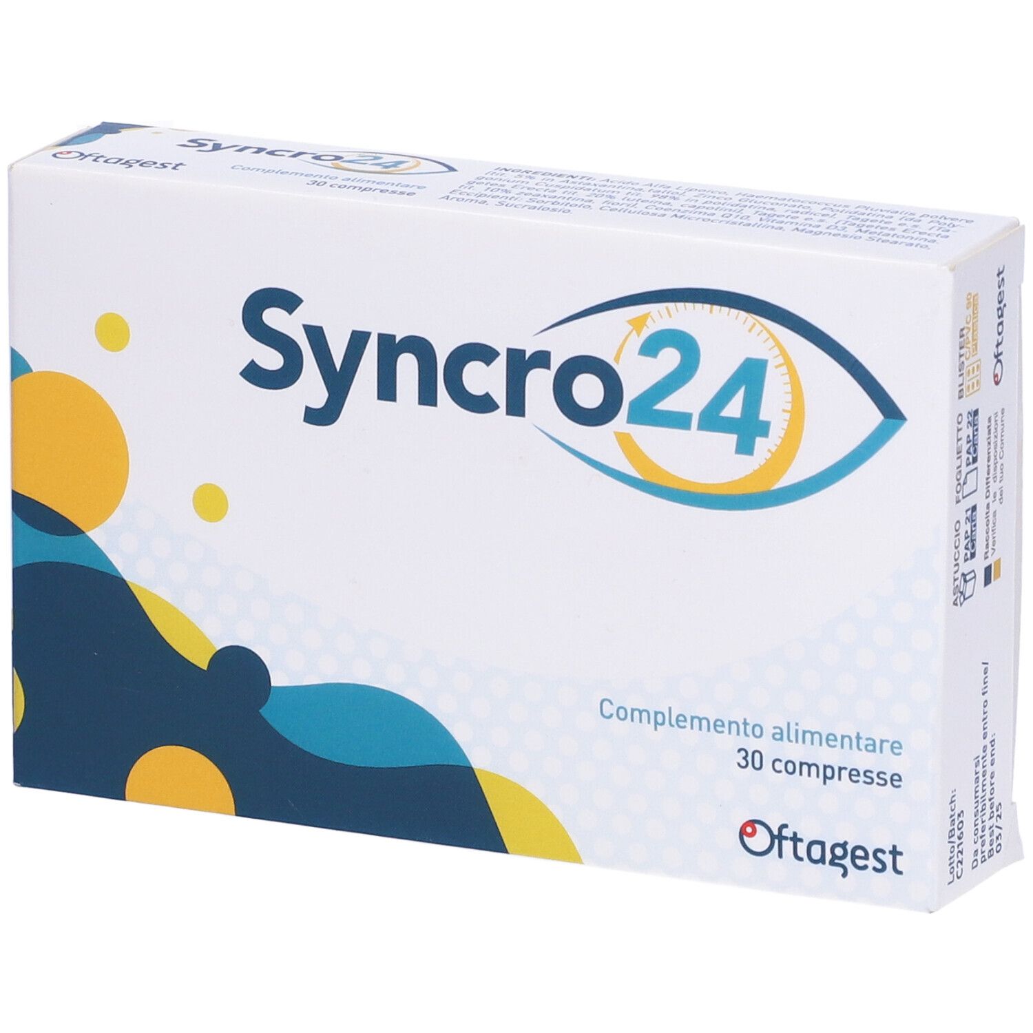 Scatola bianca con logo "Syncro24" e informazioni sul prodotto. Scritto: "30 compresse". Marchio: Oftagest.