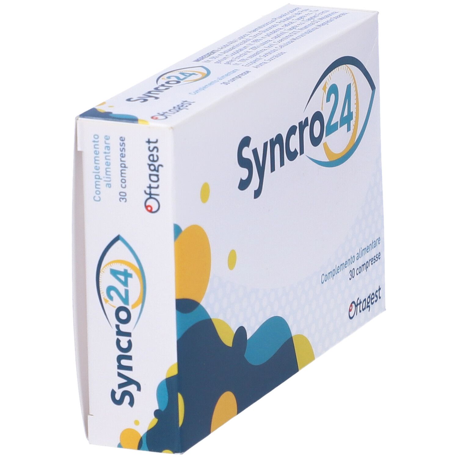 Scatola con logo "Syncro24" e informazioni sul prodotto. Scritto: "30 compresse". Marchio: Oftagest. Vista prospettica.