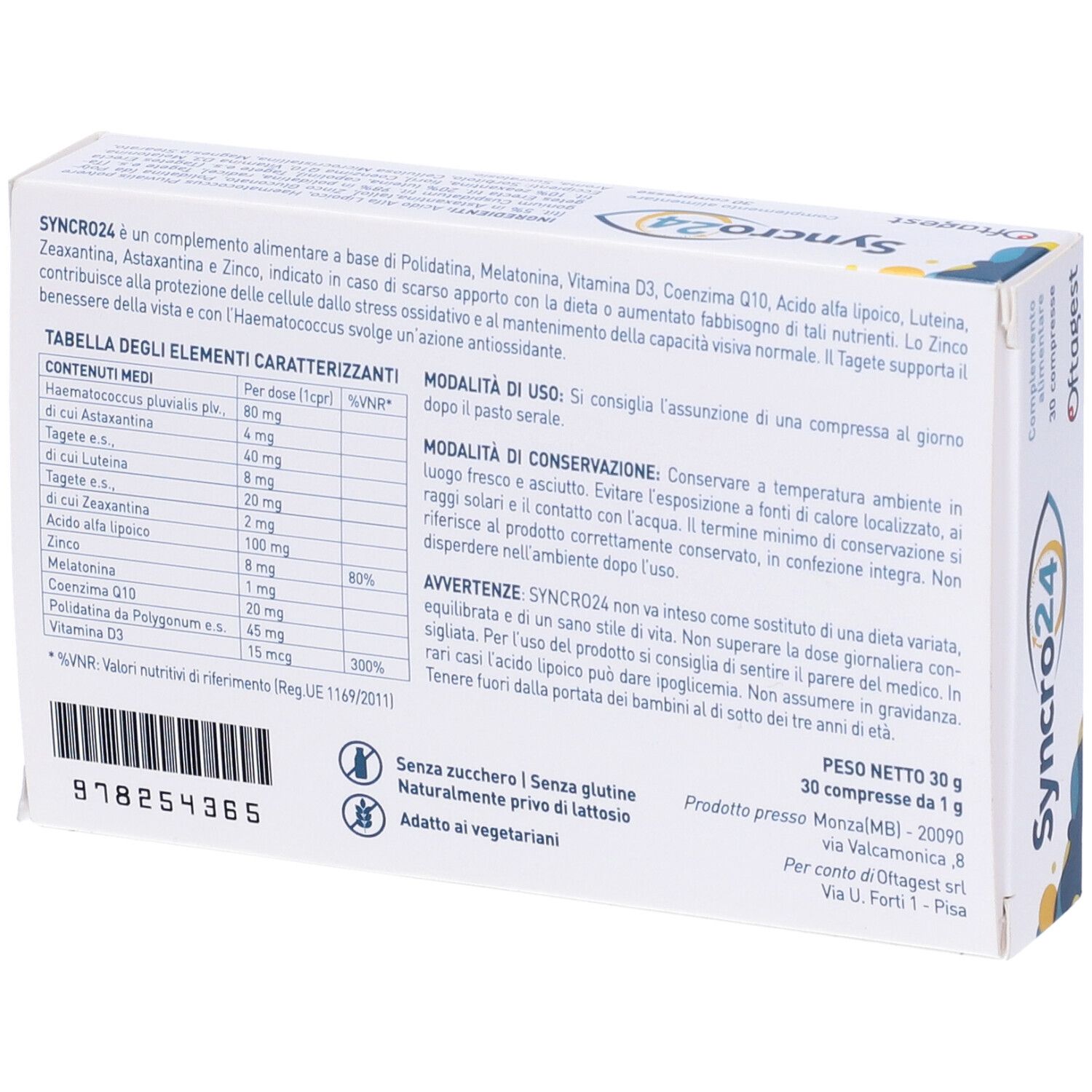 Retro della scatola con informazioni sul prodotto. Testo in italiano. Contiene una tabella con ingredienti e valori nutrizionali.