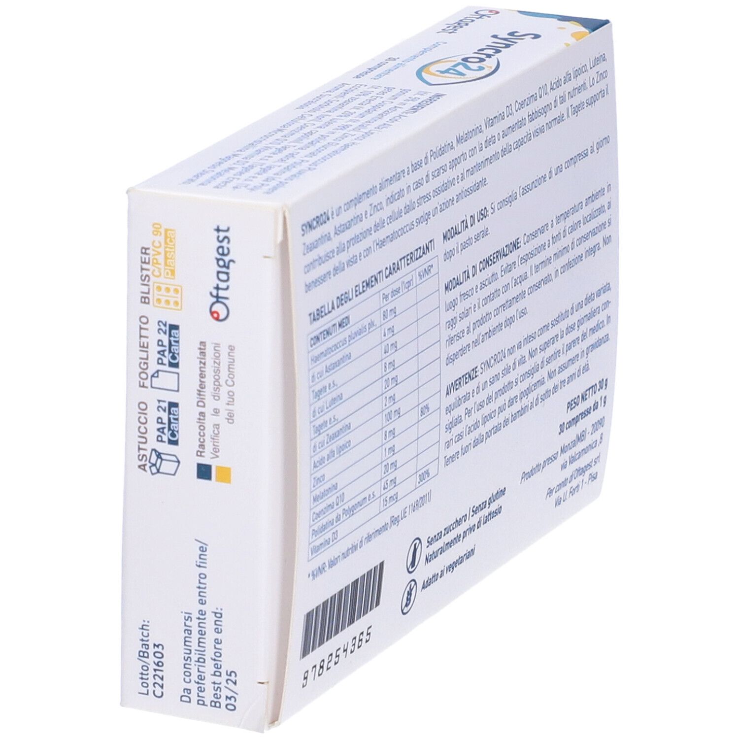Scatola con informazioni sul prodotto. Testo in italiano. Contiene una tabella con ingredienti e valori nutrizionali. Marchio: Oftagest.