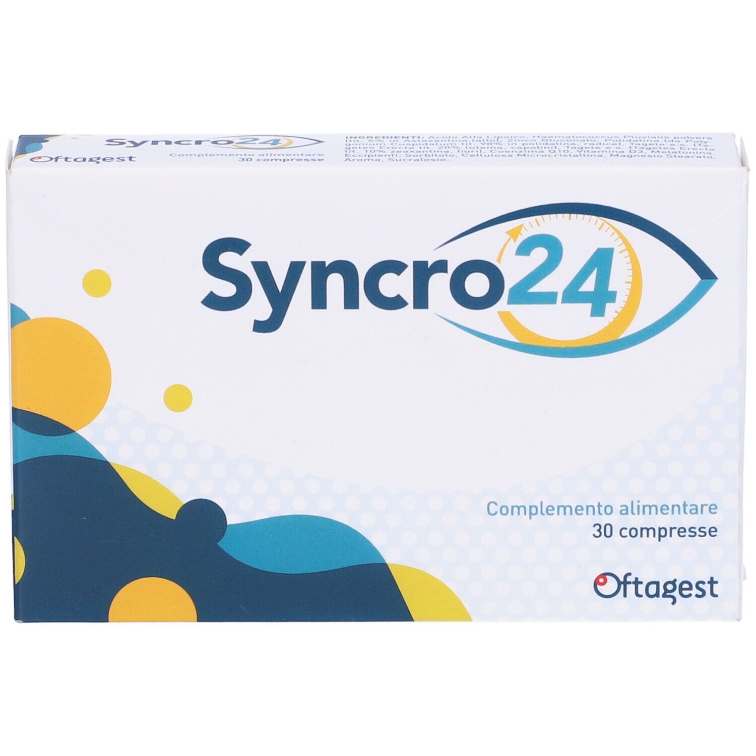 Scatola bianca con logo "Syncro24" e informazioni sul prodotto. Scritto: "30 compresse". Marchio: Oftagest.