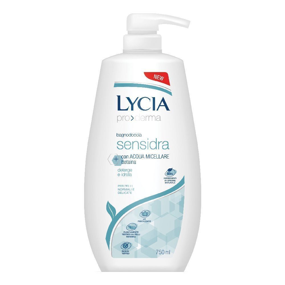 Flacone bianco con dosatore. Scritta: Lycia Proderma Sensidra. Con acqua micellare e betaina. 750 ml.