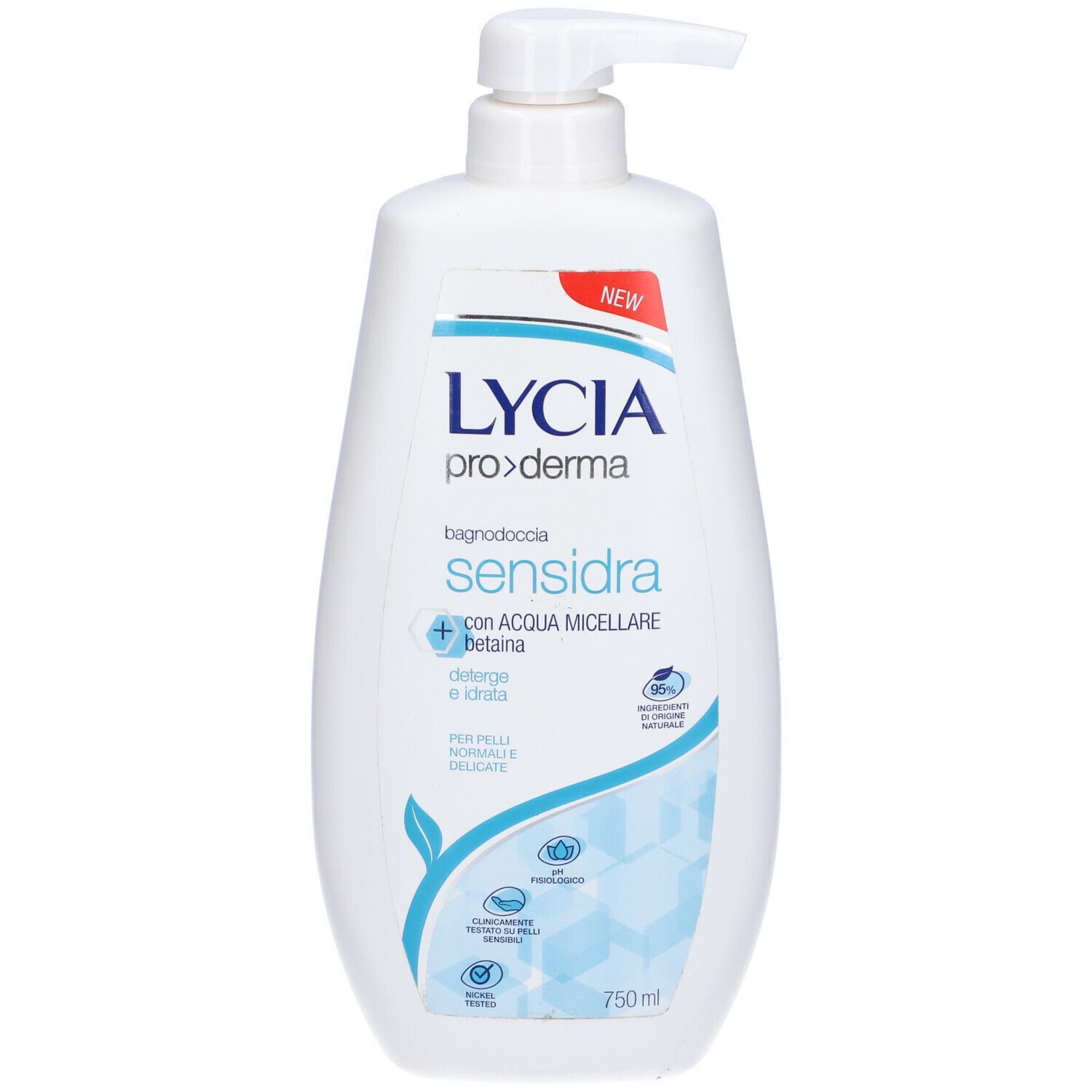 Flacone bianco con dosatore. Scritta: Lycia Proderma Sensidra. Con acqua micellare e betaina. 750 ml.