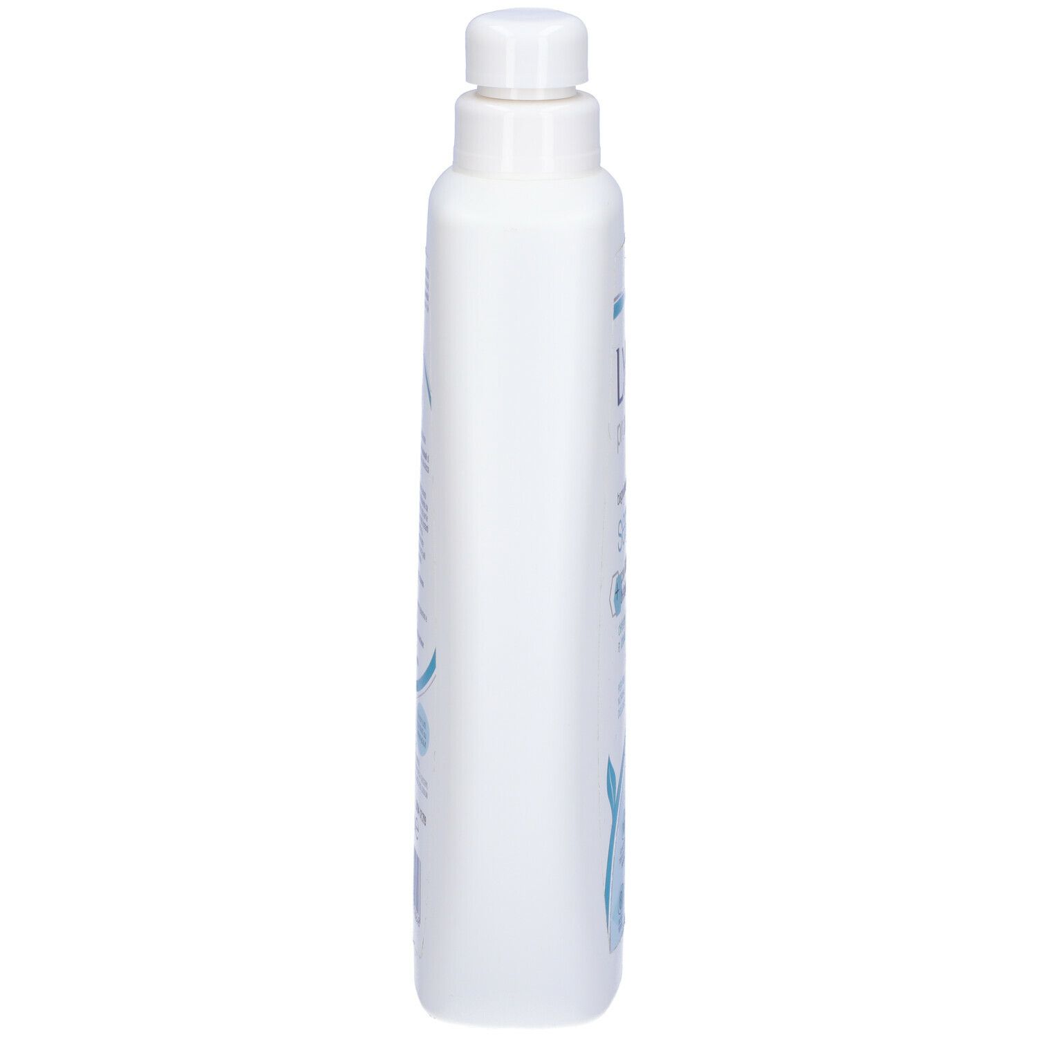 Flacone bianco allungato. Scritta illeggibile. Con tappo a vite.