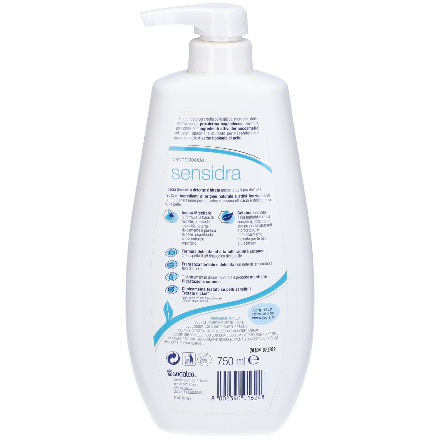 Retro di un flacone bianco. Testo in italiano. 750 ml. Con ingredienti e informazioni produttore.