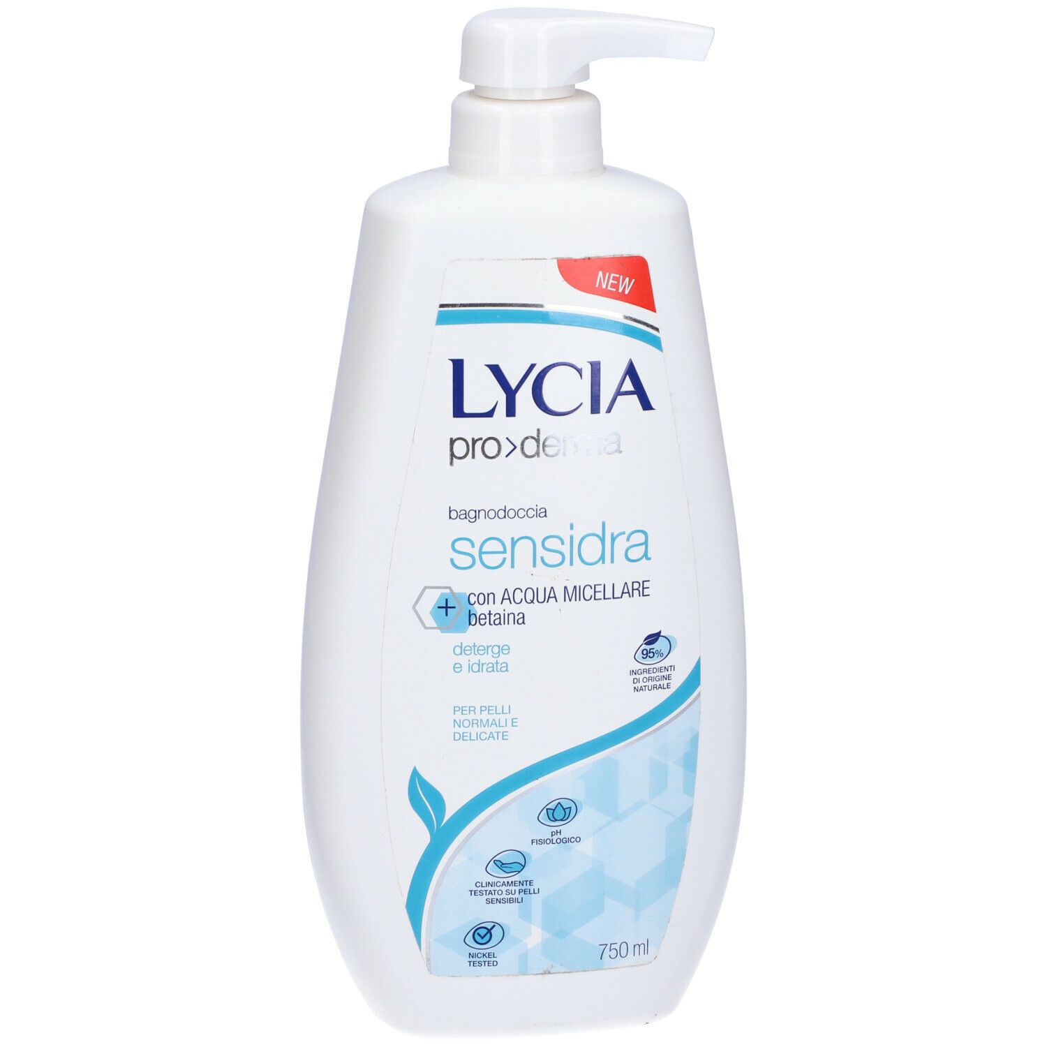Flacone bianco con dosatore. Scritta: Lycia Proderma Sensidra. Con acqua micellare e betaina. 750 ml.