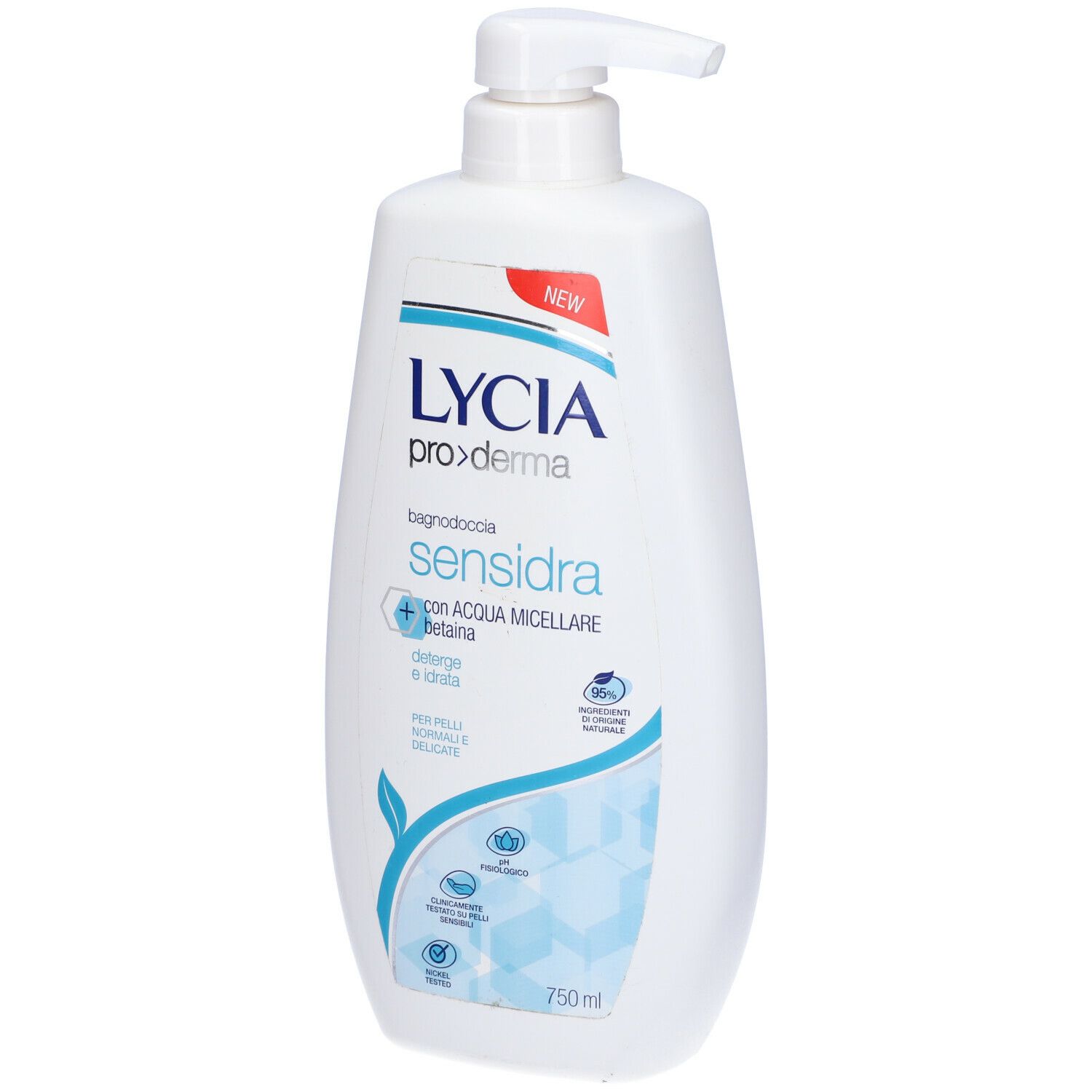 Flacone bianco con dosatore. Scritta: Lycia Proderma Sensidra. Con acqua micellare e betaina. 750 ml.