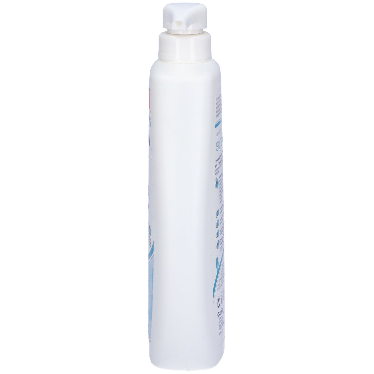 Flacone bianco allungato. Scritta illeggibile. Con tappo a vite.