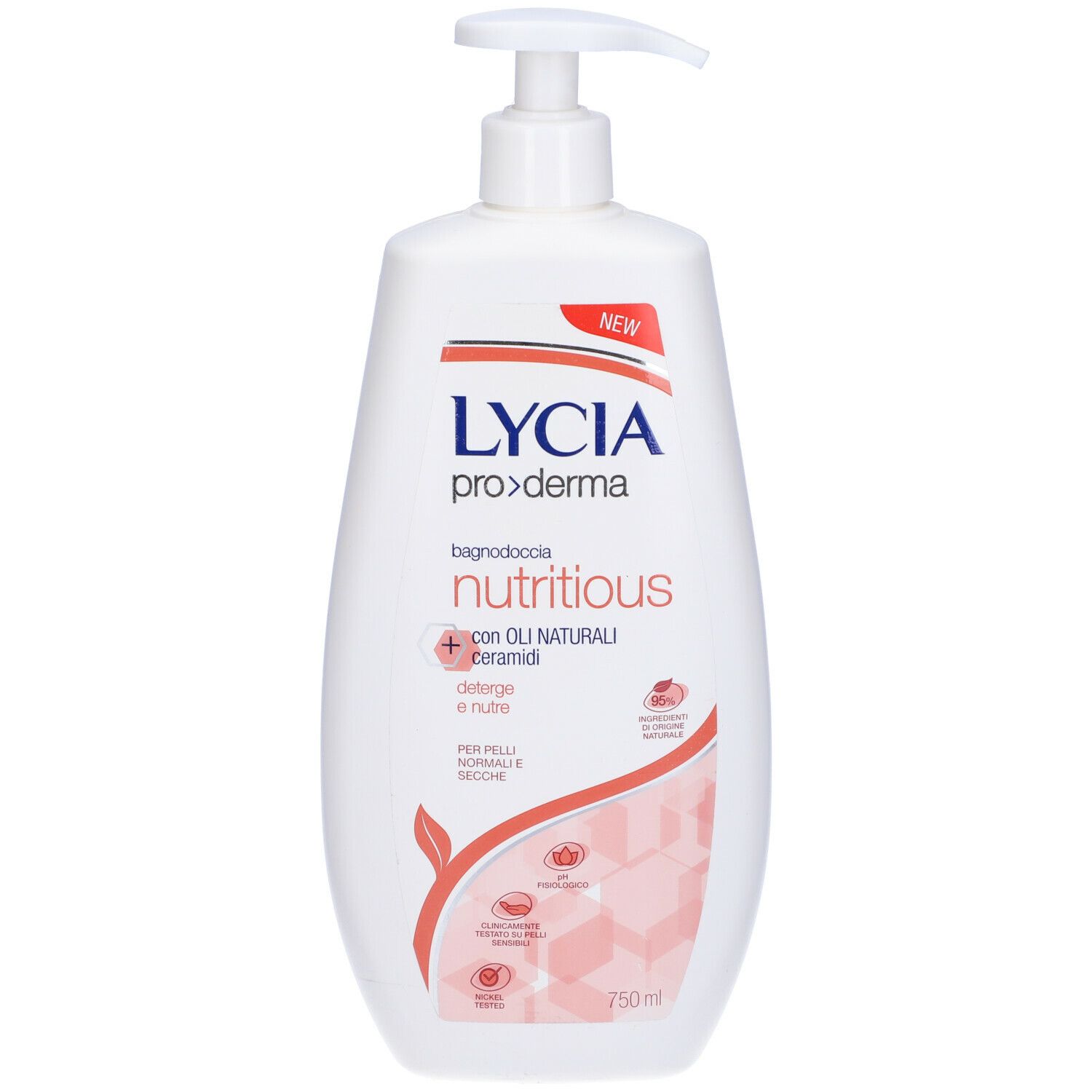 Flacone bianco con dosatore. Scritta: Lycia proderma nutritious. Con oli naturali e ceramidi. Per pelli normali e secche.
