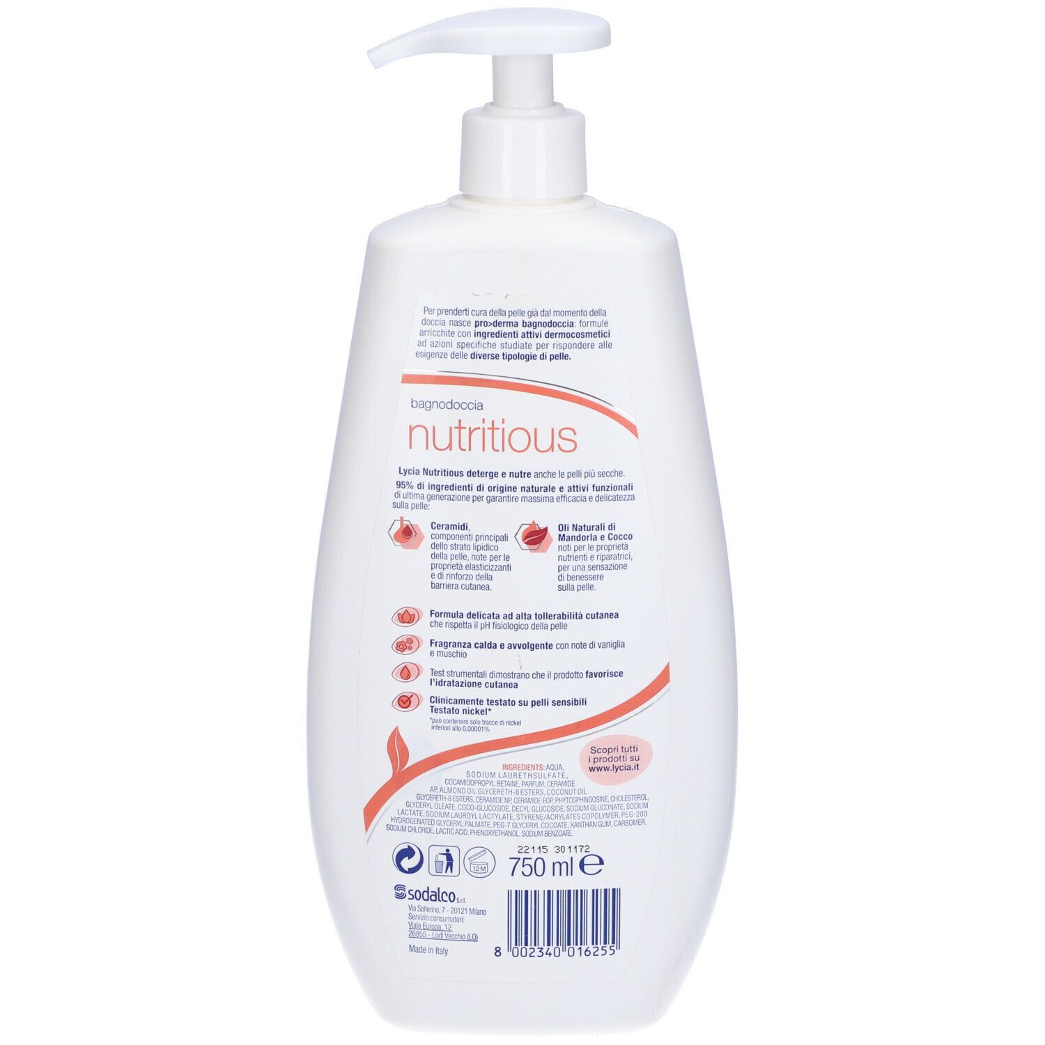 Retro di un flacone bianco con dosatore. Testo e loghi. Nome prodotto: Lycia Proderma Bagnodoccia Nutritious. Contenuto: 750 ml.