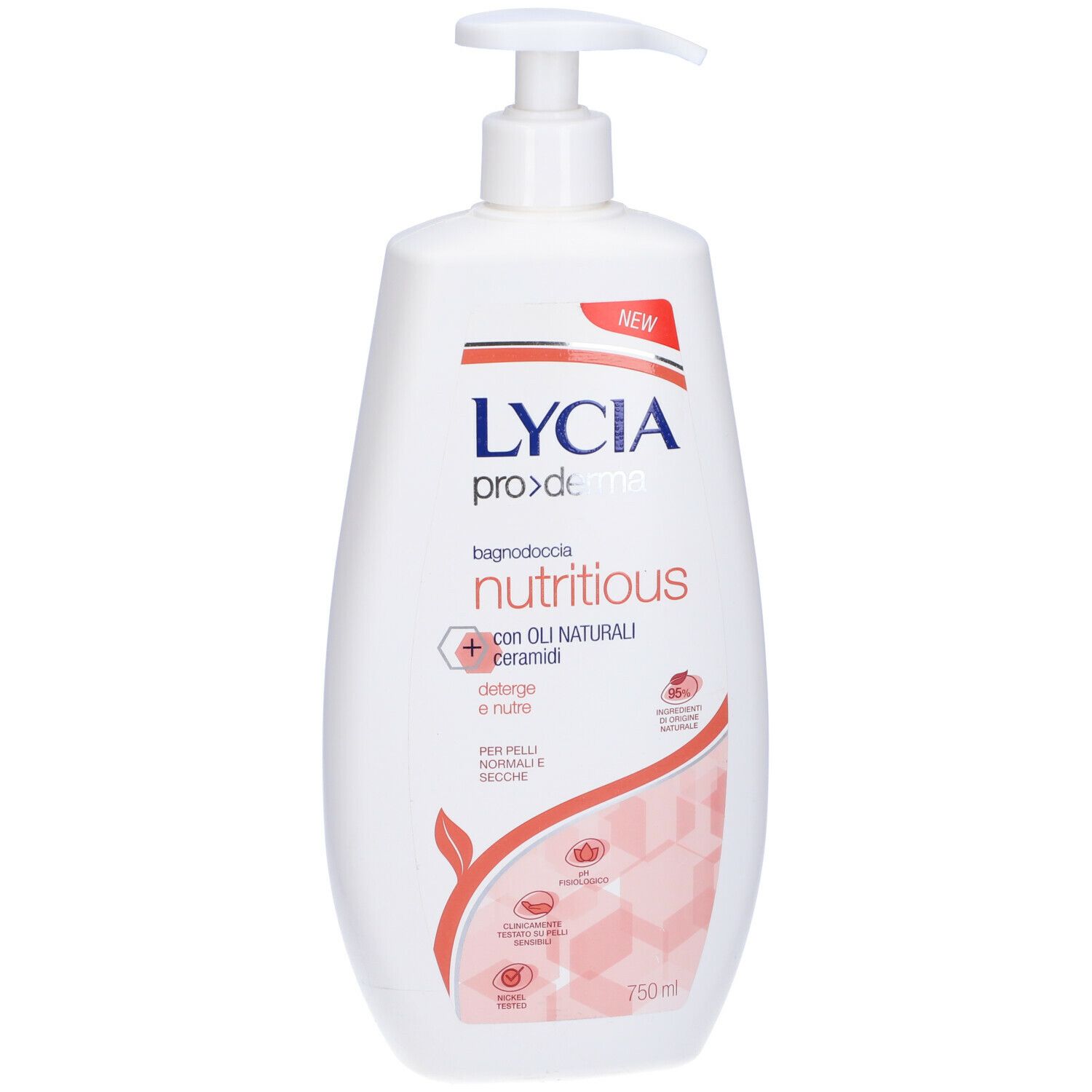 Flacone bianco con dosatore. Scritta: Lycia proderma nutritious. Con oli naturali e ceramidi. Per pelli normali e secche.