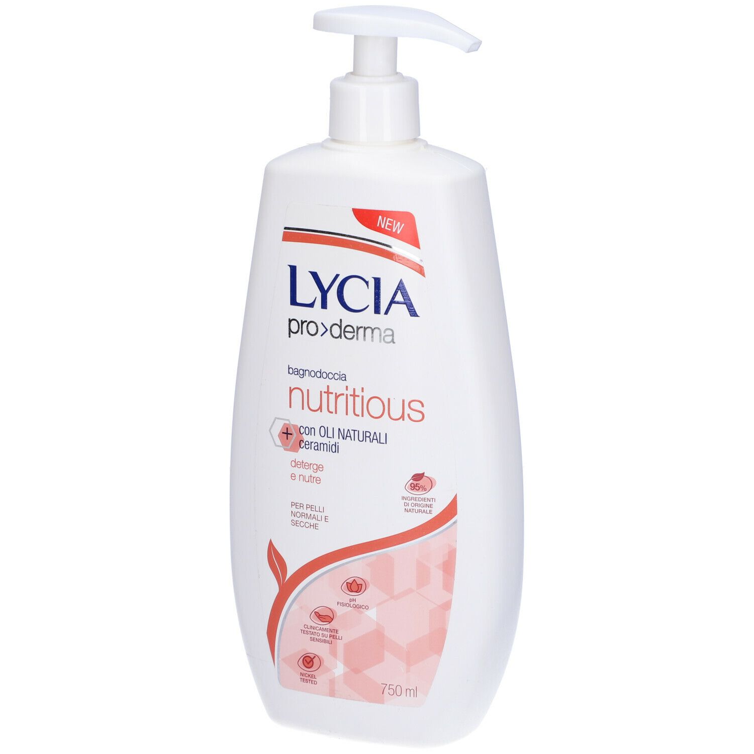 Flacone bianco con dosatore. Scritta: Lycia proderma nutritious. Con oli naturali e ceramidi. Per pelli normali e secche. 750 ml.