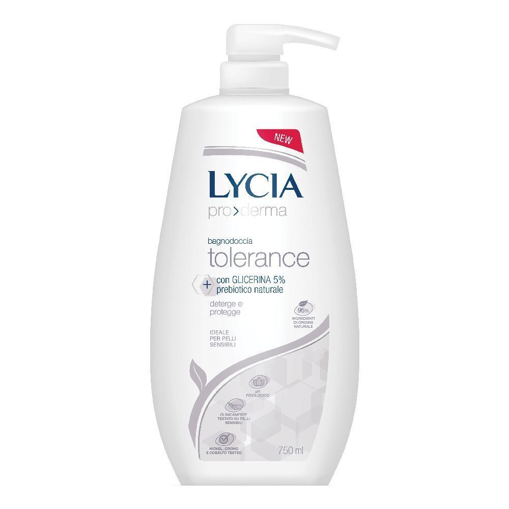 Flacone bianco con dosatore. Scritta: LYCIA proderma, Bagnodoccia tolerance, con Glicerina 5% e prebiotici. Etichetta "NEW".