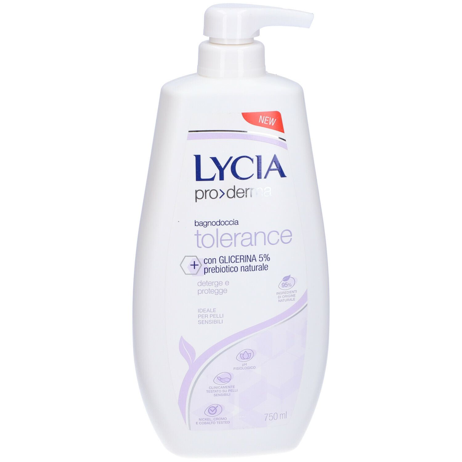 Flacone bianco con dosatore. Scritta: LYCIA proderma, Bagnodoccia tolerance, con Glicerina 5% e prebiotici.