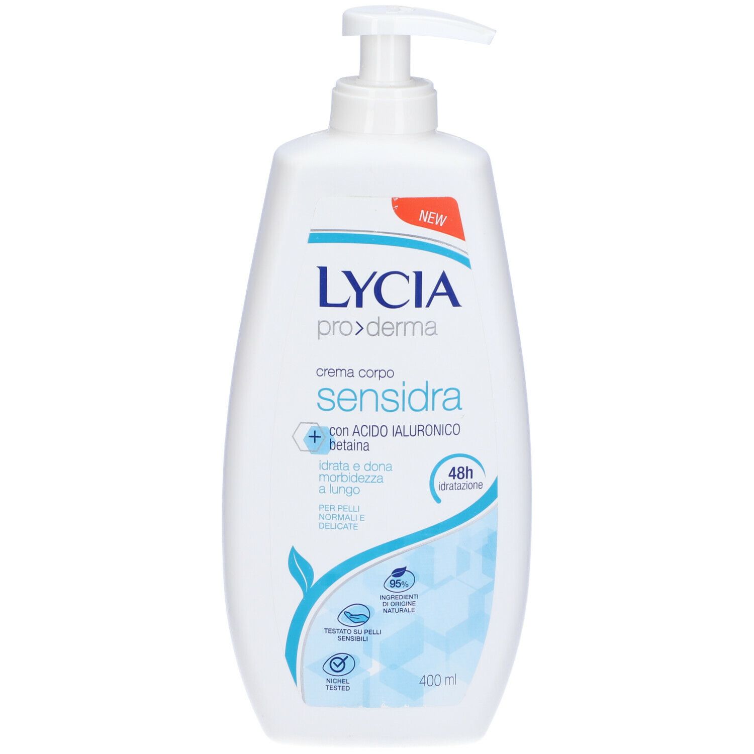 Flacone bianco con dosatore. Scritta: Lycia proderma Sensidra. Contiene acido ialuronico e betaina. 400 ml.