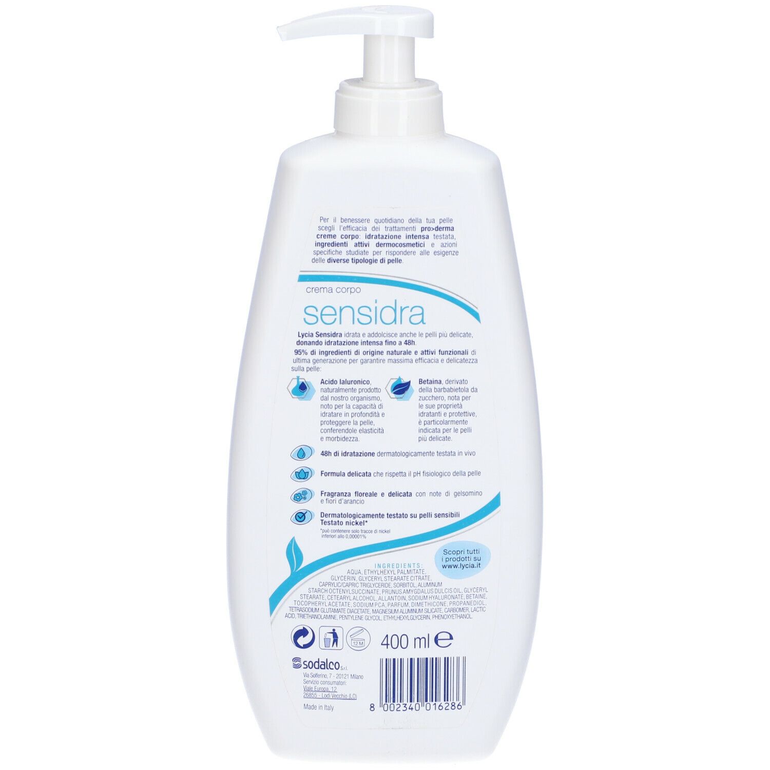 Retro del flacone bianco. Informazioni testuali e ingredienti. 400 ml.