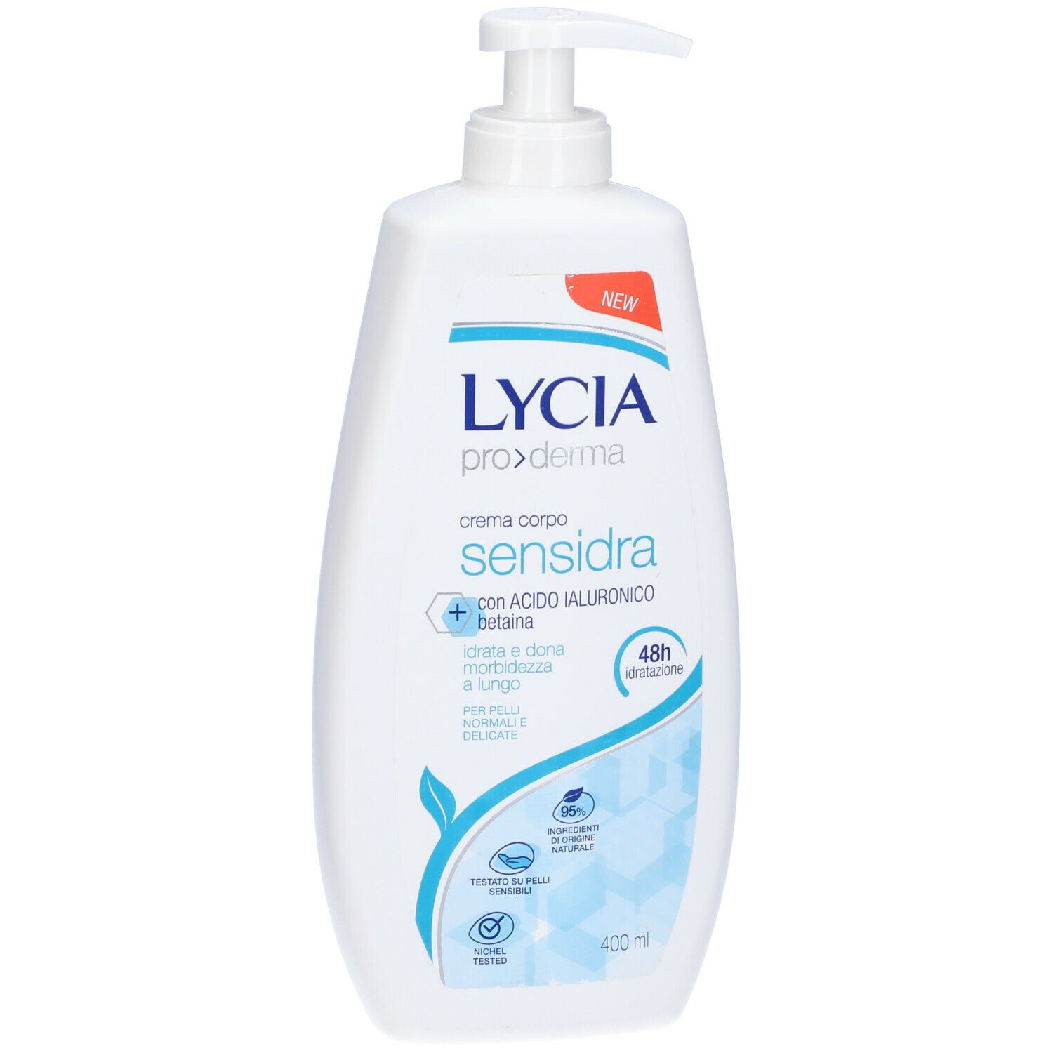 Flacone bianco con dosatore. Scritta: Lycia proderma Sensidra. Contiene acido ialuronico e betaina. 400 ml.