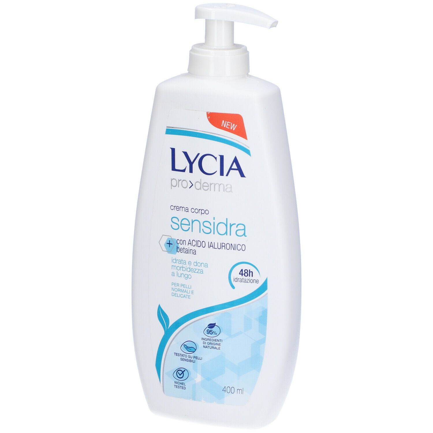 Flacone bianco con dosatore. Scritta: Lycia proderma Sensidra. Contiene acido ialuronico e betaina. 400 ml.