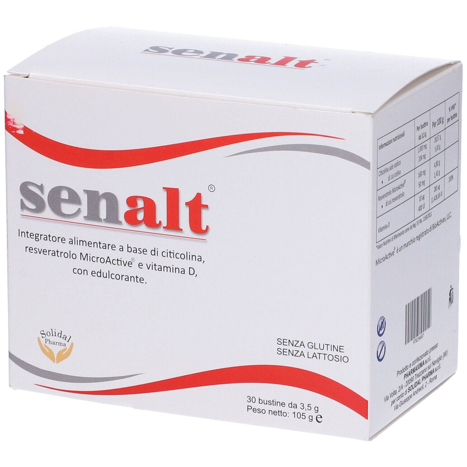 Scatola bianca con linea rossa curva. Scritta: senalt. Contiene 30 bustine. Senza glutine, senza lattosio.