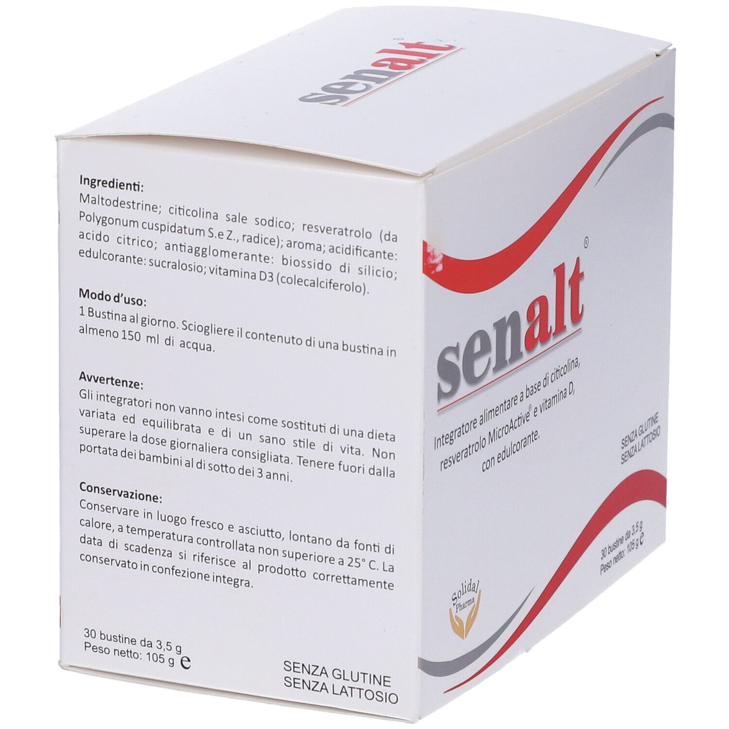 Scatola bianca con linea rossa curva. Scritta: senalt. Contiene 30 bustine. Elenco ingredienti e istruzioni per l'uso.