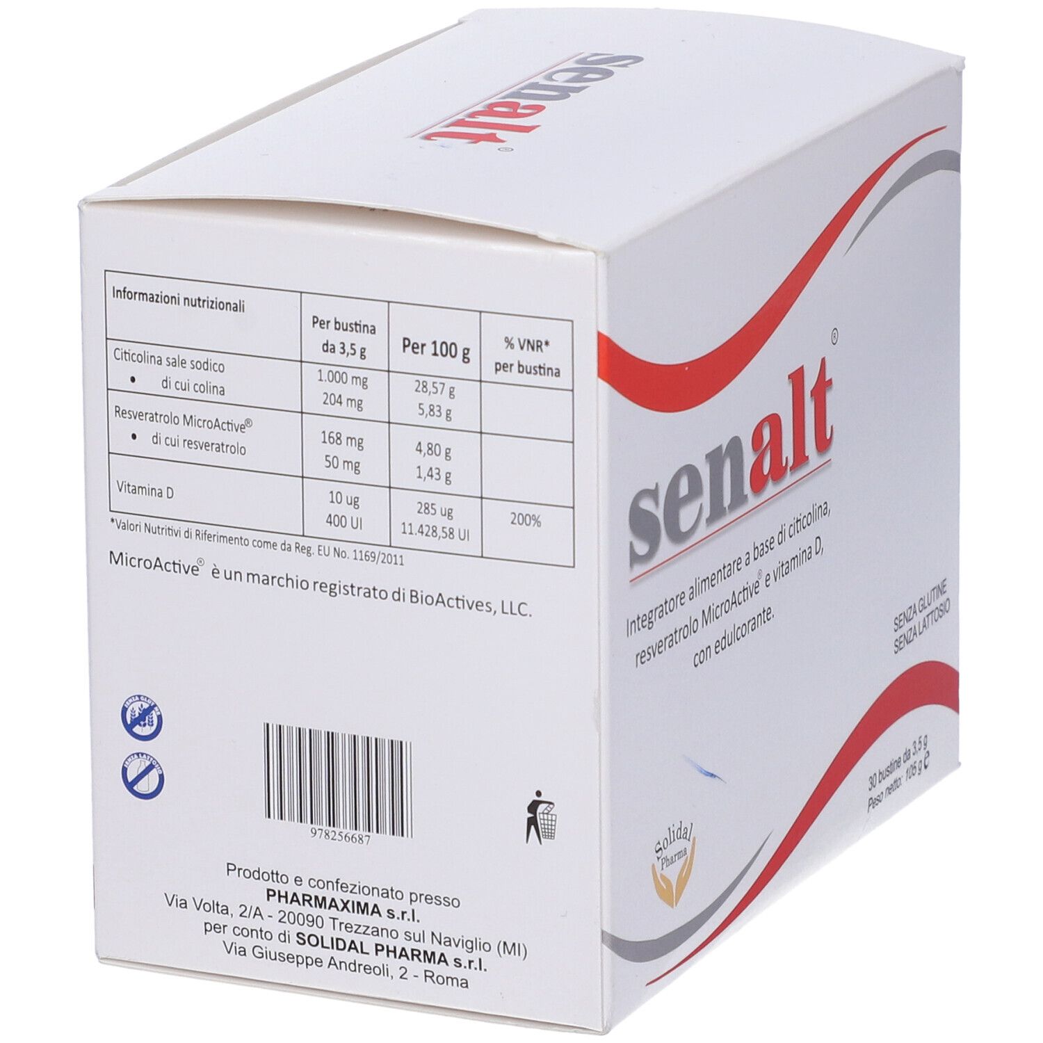 Scatola bianca con linea rossa curva. Scritta: senalt. Contiene 30 bustine. Informazioni nutrizionali e produttore.