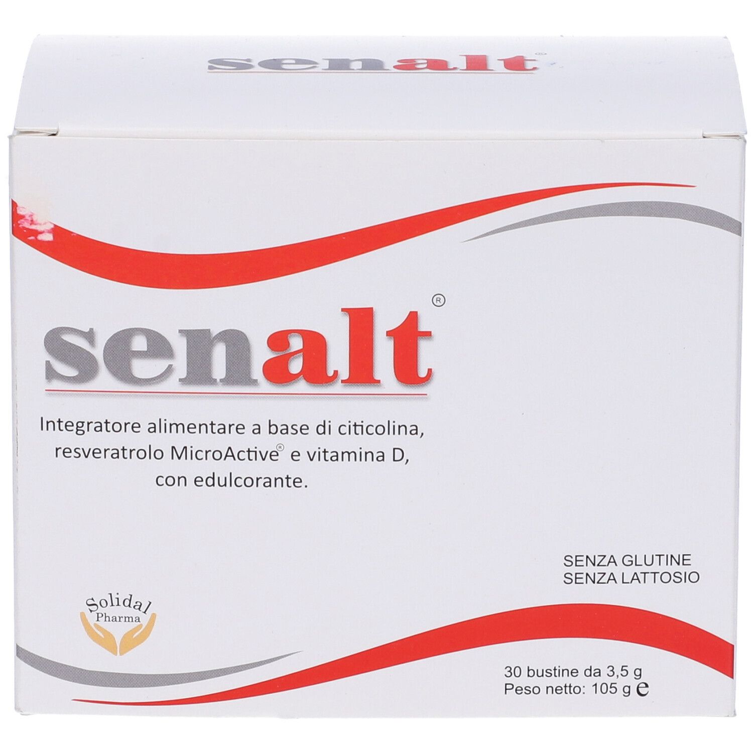 Scatola bianca con linea rossa curva. Scritta: senalt. Contiene 30 bustine. Senza glutine, senza lattosio.