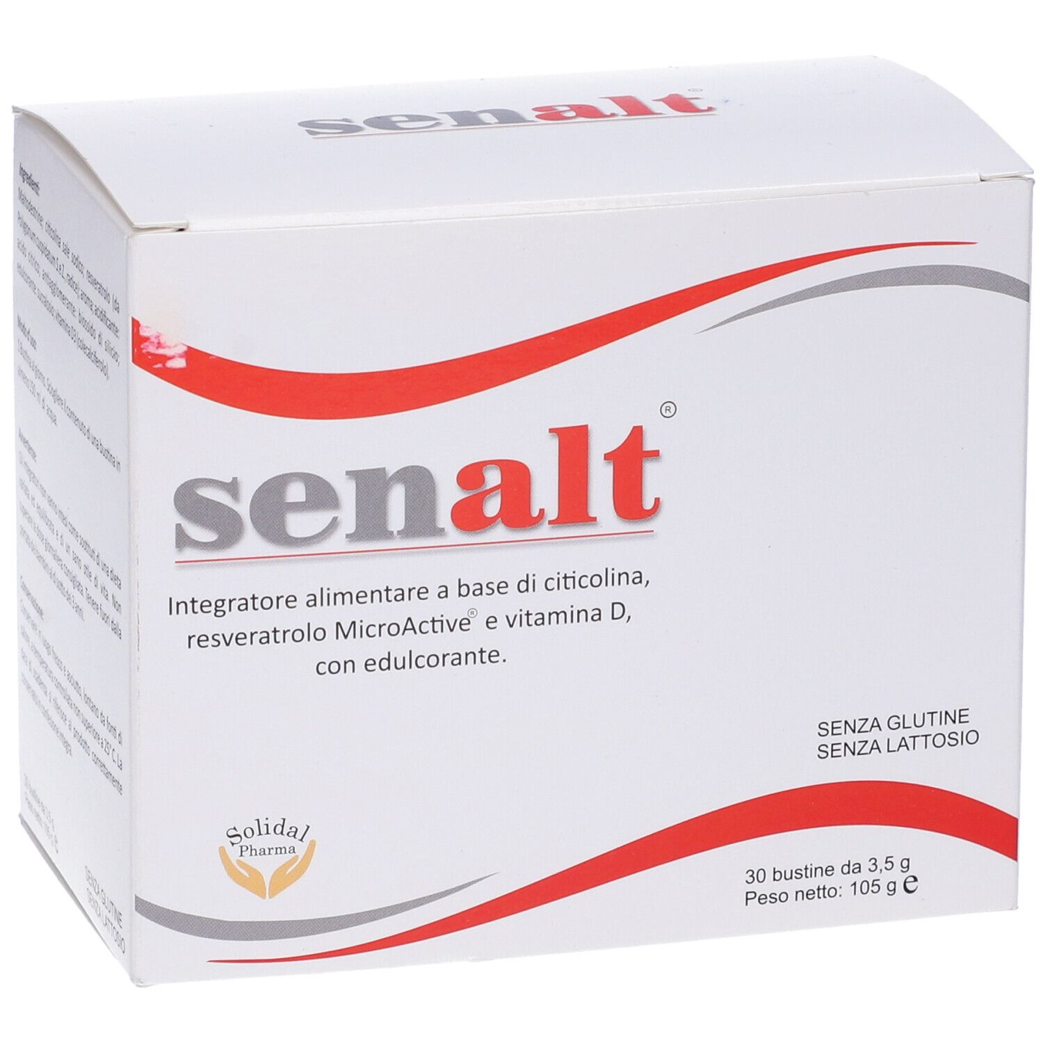 Scatola bianca con linea rossa curva. Scritta: senalt. Contiene 30 bustine. Senza glutine, senza lattosio.