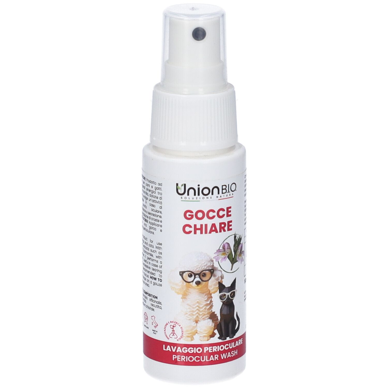 Weiße Sprühflasche mit Produktnamen und Illustrationen von Hund und Katze. Roter Streifen am Boden. Text: Gocce Chiare.