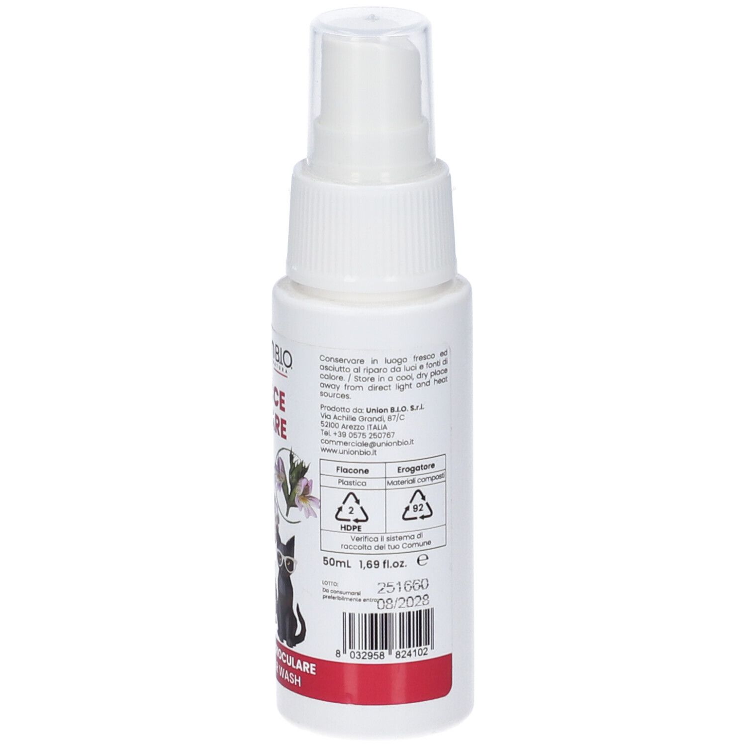 Weiße Sprühflasche mit Text und Illustrationen. Roter Streifen am Boden. Text: Gocce Chiare, 50ml, Haltbarkeitsdatum.