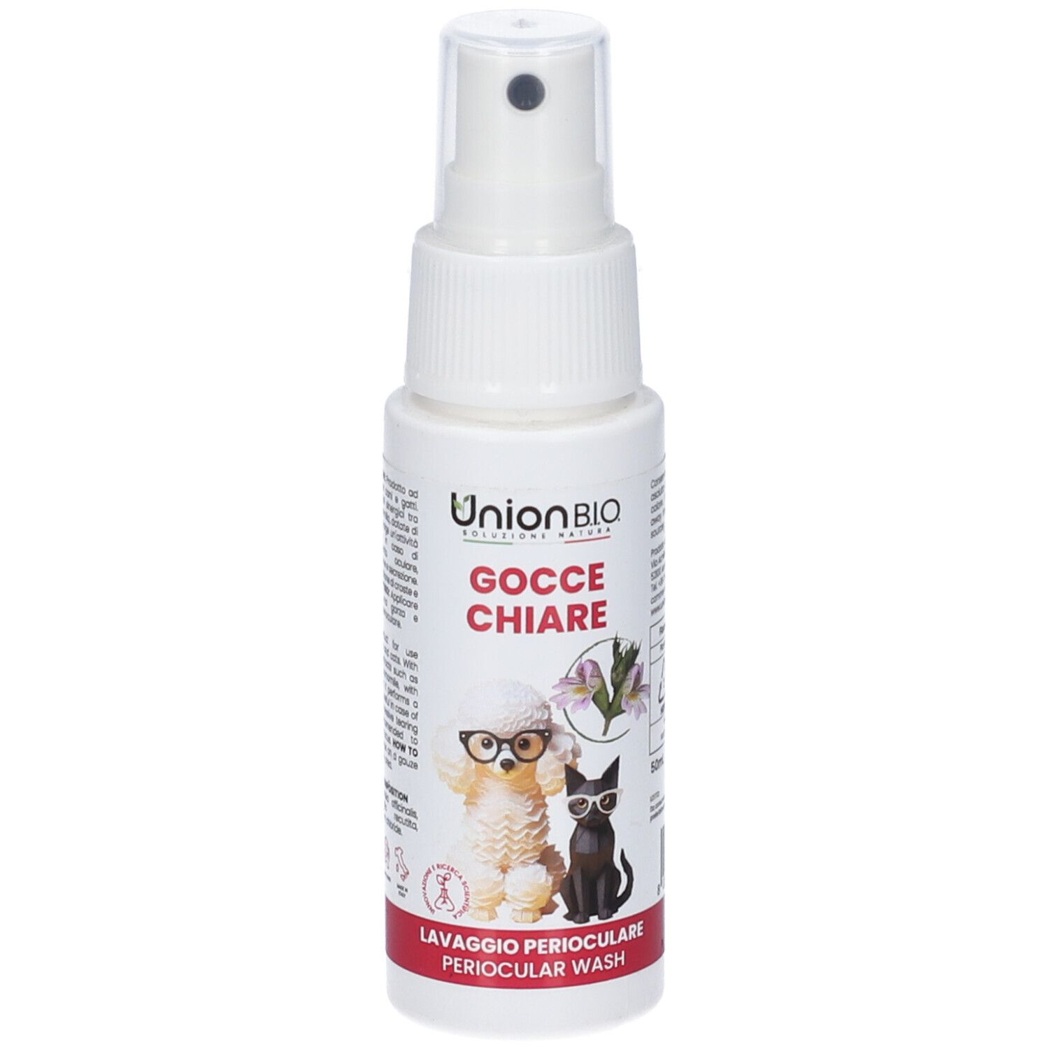 Weiße Sprühflasche mit Produktnamen und Illustrationen von Hund und Katze. Roter Streifen am Boden. Text: Gocce Chiare.