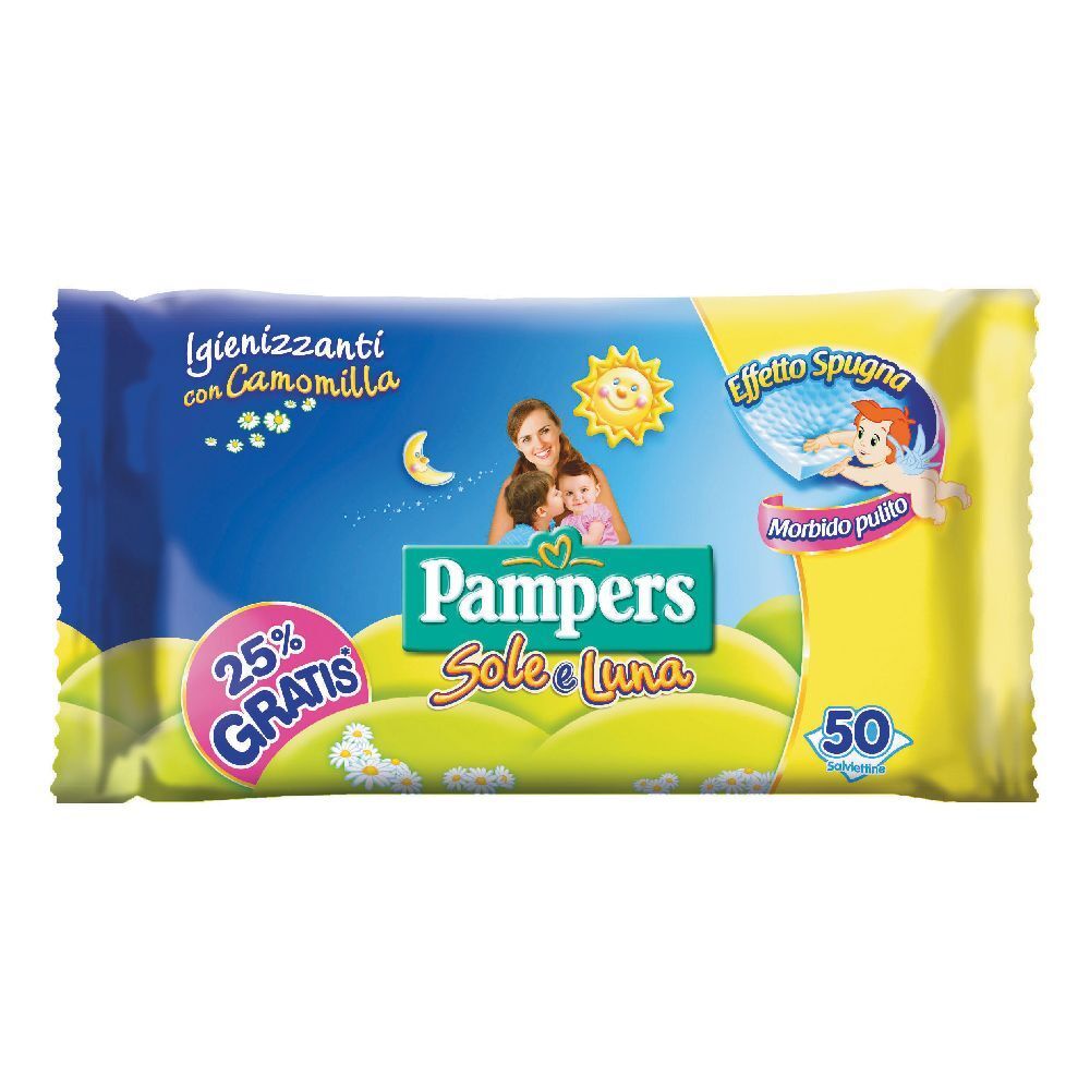 Confezione blu e gialla "Pampers Sole e Luna". 50 salviette. Stampe: sole, luna, camomilla, 25% gratis.