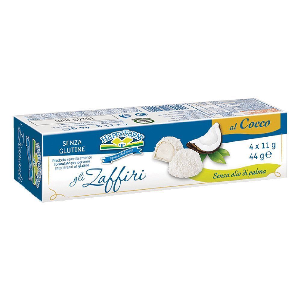 Confezione di Happy Farm Gli Zaffiri. Scatola blu e bianca con immagine del prodotto e testo. Senza glutine, cocco.