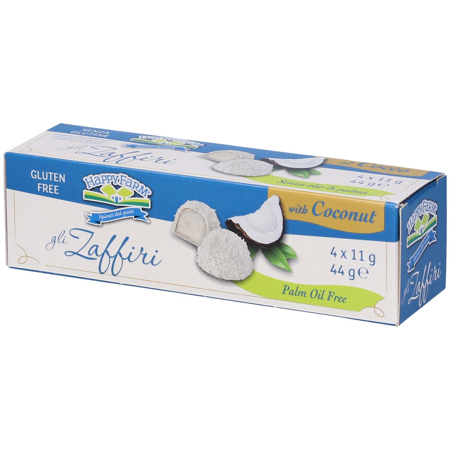 Confezione di Happy Farm Gli Zaffiri. Scatola blu e bianca con immagine del prodotto e testo. Senza glutine, cocco.