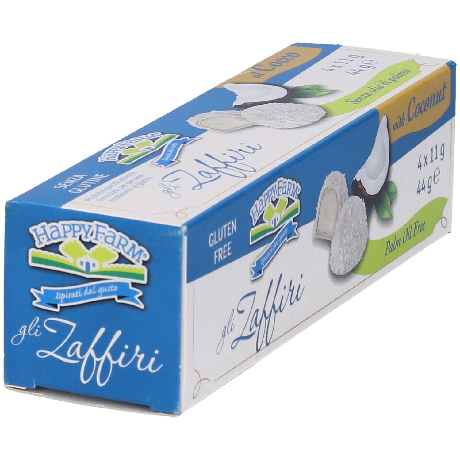 Confezione di Happy Farm Gli Zaffiri. Scatola blu e bianca con immagine del prodotto e testo. Senza glutine, cocco.