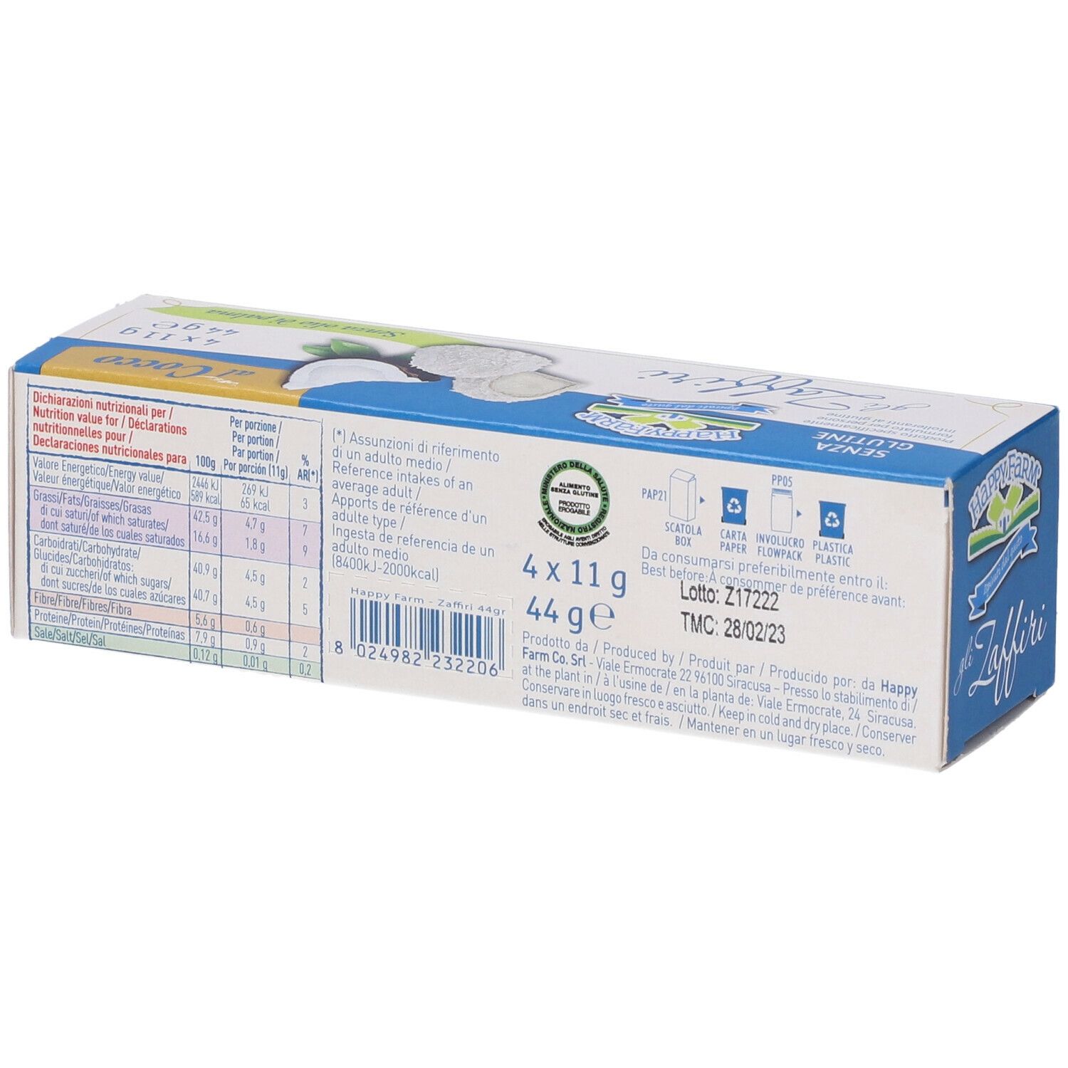 Retro della confezione Happy Farm Gli Zaffiri. Contiene informazioni nutrizionali, testo e loghi. Senza glutine, cocco.