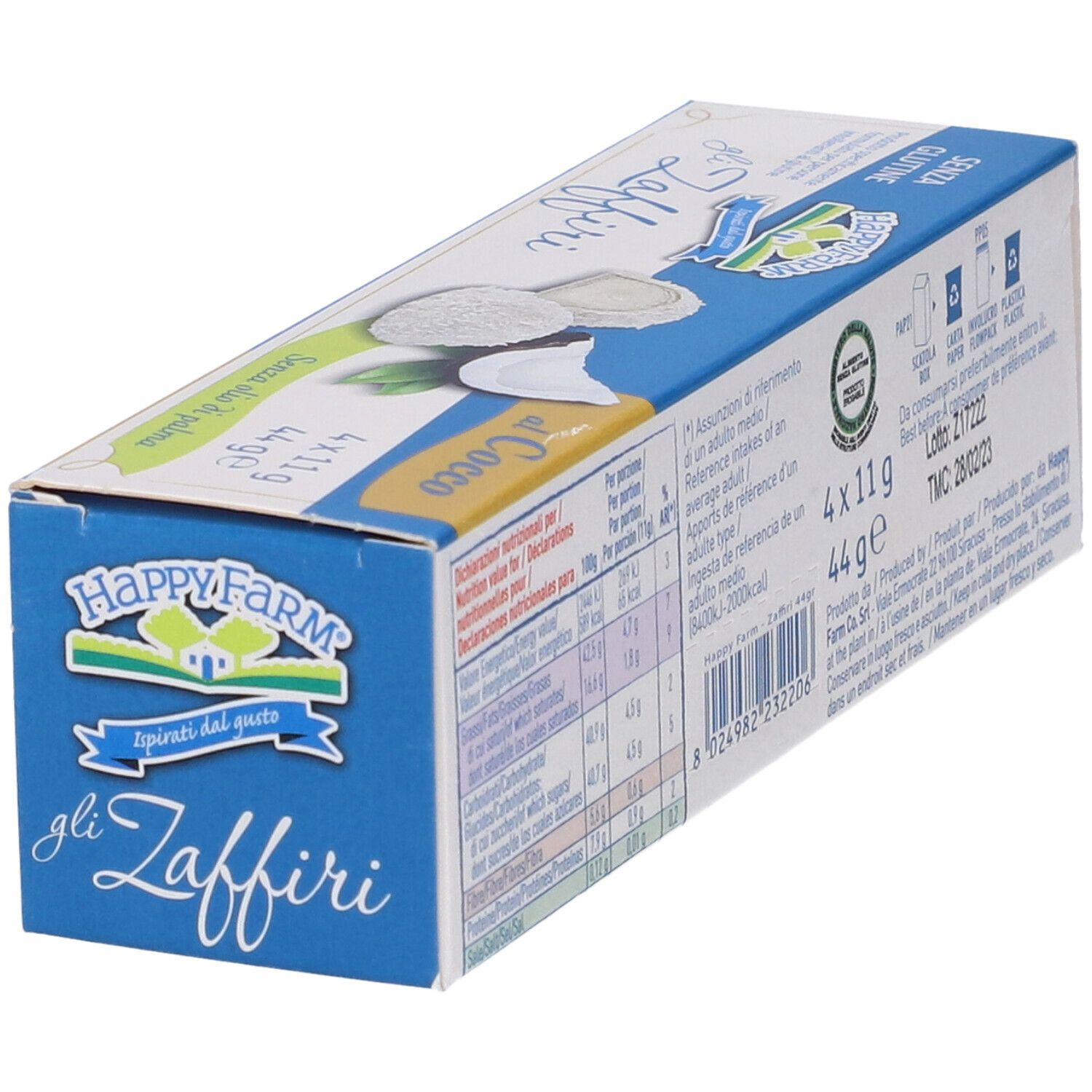 Retro della confezione Happy Farm Gli Zaffiri. Contiene informazioni nutrizionali, testo e loghi. Senza glutine, cocco.