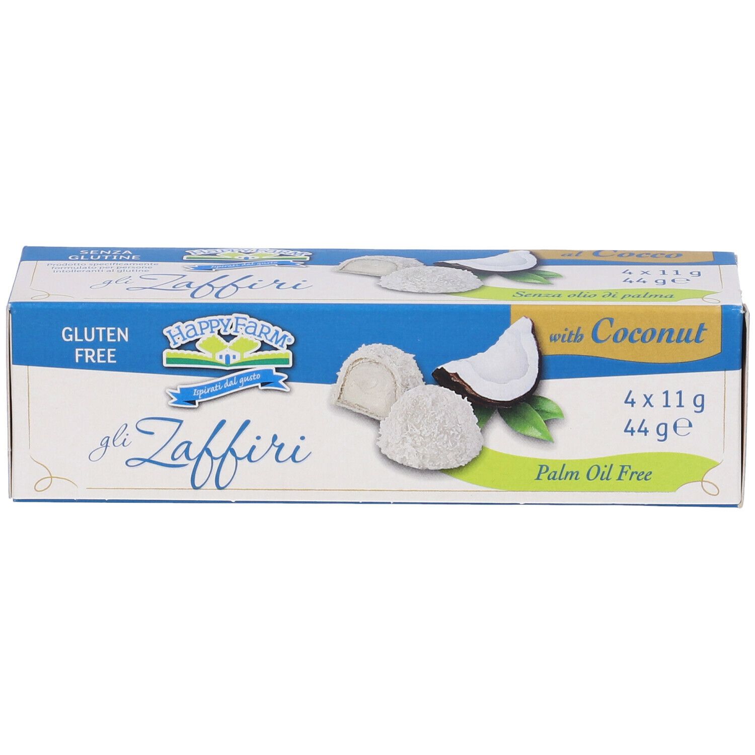 Confezione di Happy Farm Gli Zaffiri. Scatola blu e bianca con immagine del prodotto e testo. Senza glutine, cocco.