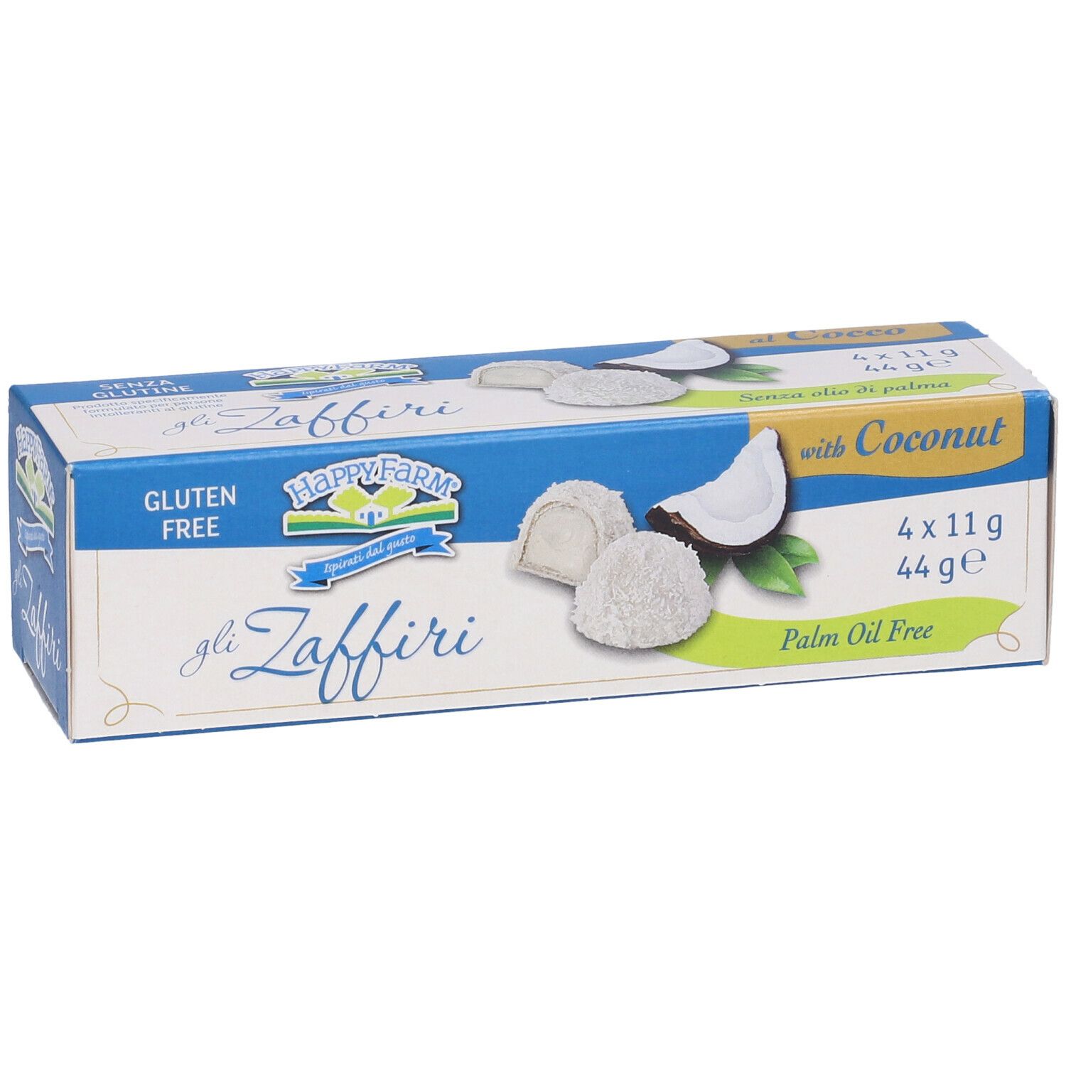 Confezione di Happy Farm Gli Zaffiri. Scatola blu e bianca con immagine del prodotto e testo. Senza glutine, cocco.