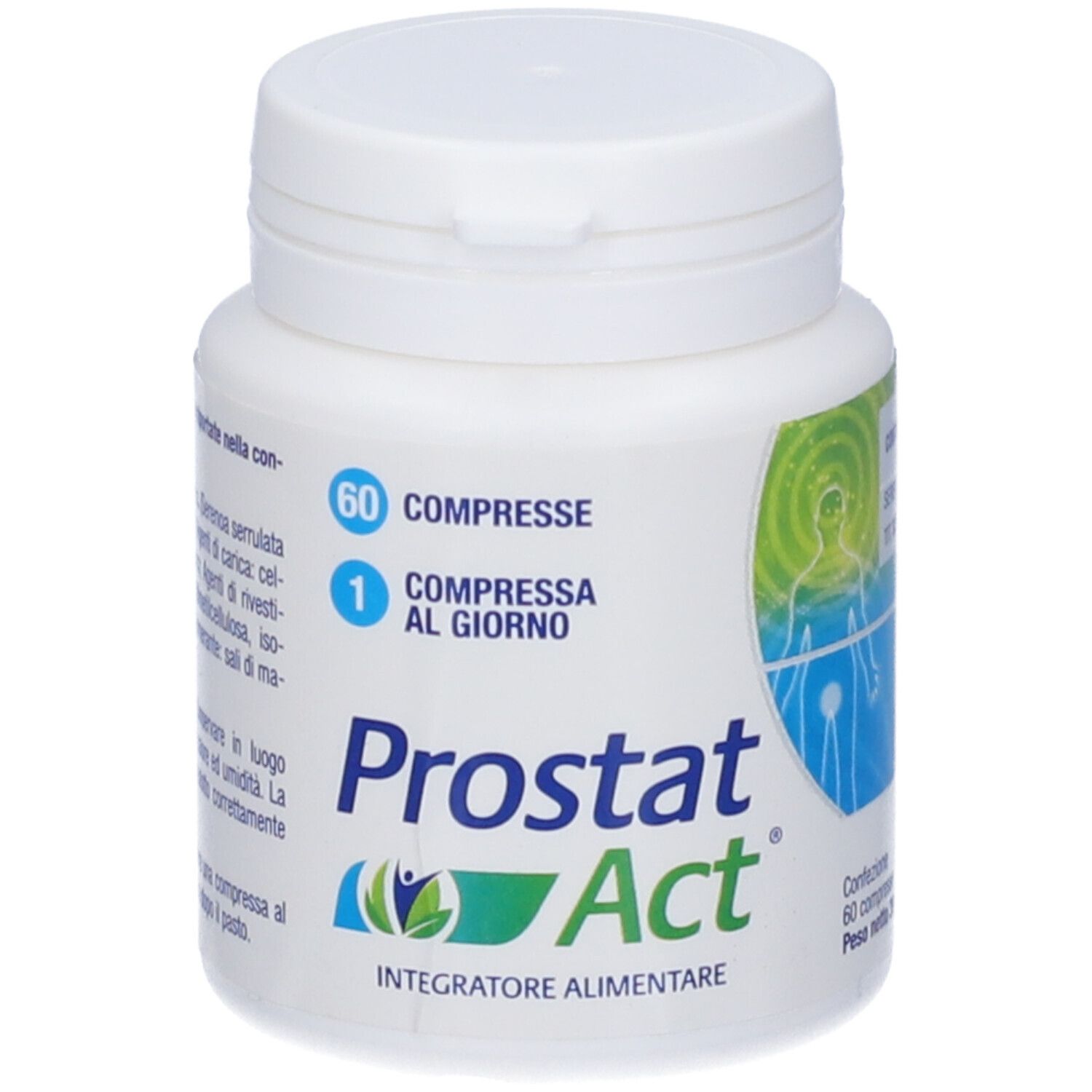 Flacone bianco con tappo blu. Scritta: Prostat Act, 60 compresse, 1 compressa al giorno. Integratore alimentare.